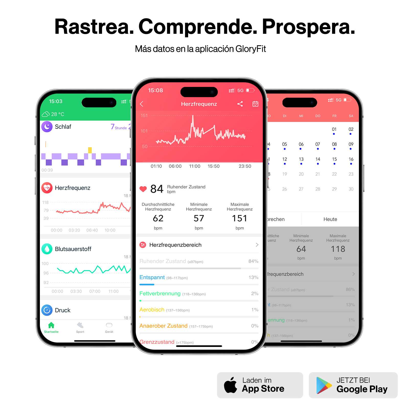 Tres teléfonos inteligentes muestran datos de salud y fitness en una app.