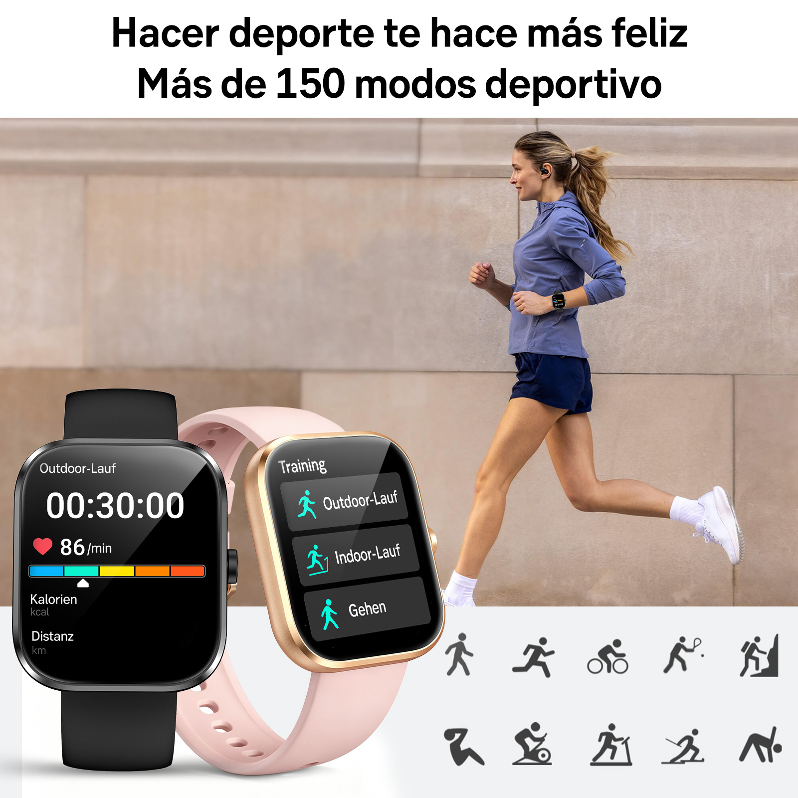 Una mujer trota, con dos relojes inteligentes que muestran datos de fitness en primer plano.