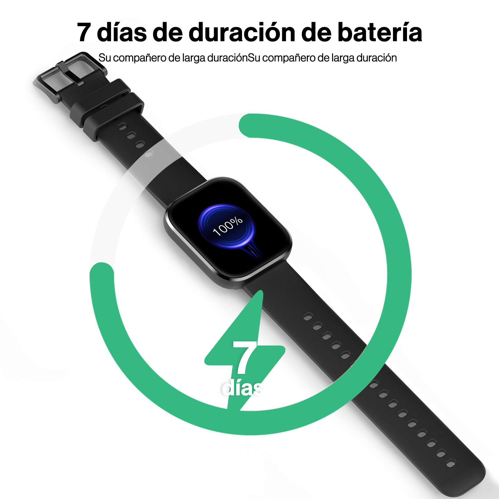 Un reloj inteligente negro con 100 por ciento de bateria y un indicador verde de carga de siete dias.