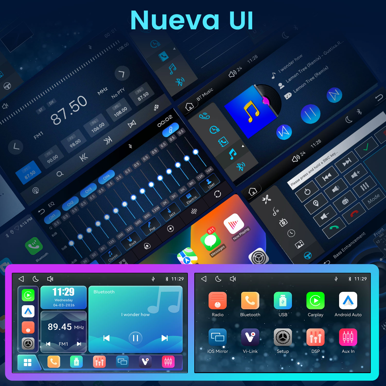 Varias interfaces de tablero de coche digital que muestran radio, música y aplicaciones sobre fondo oscuro.