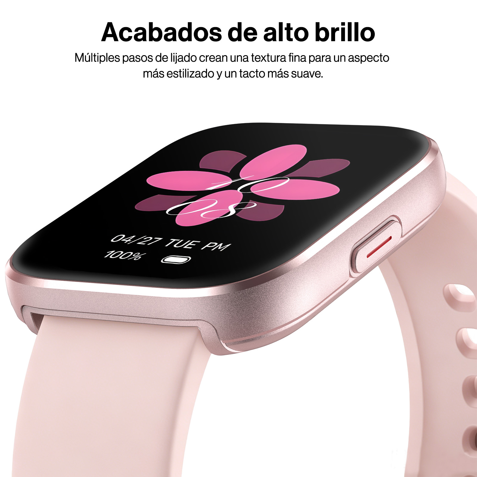 Un reloj inteligente de oro rosa con esfera floral rosa y correa de silicona rosa a juego sobre fondo blanco.