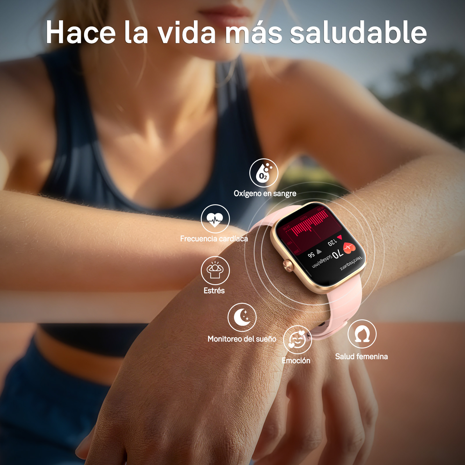 Una mujer en ropa deportiva lleva un reloj inteligente rosa que muestra la frecuencia cardíaca y métricas.