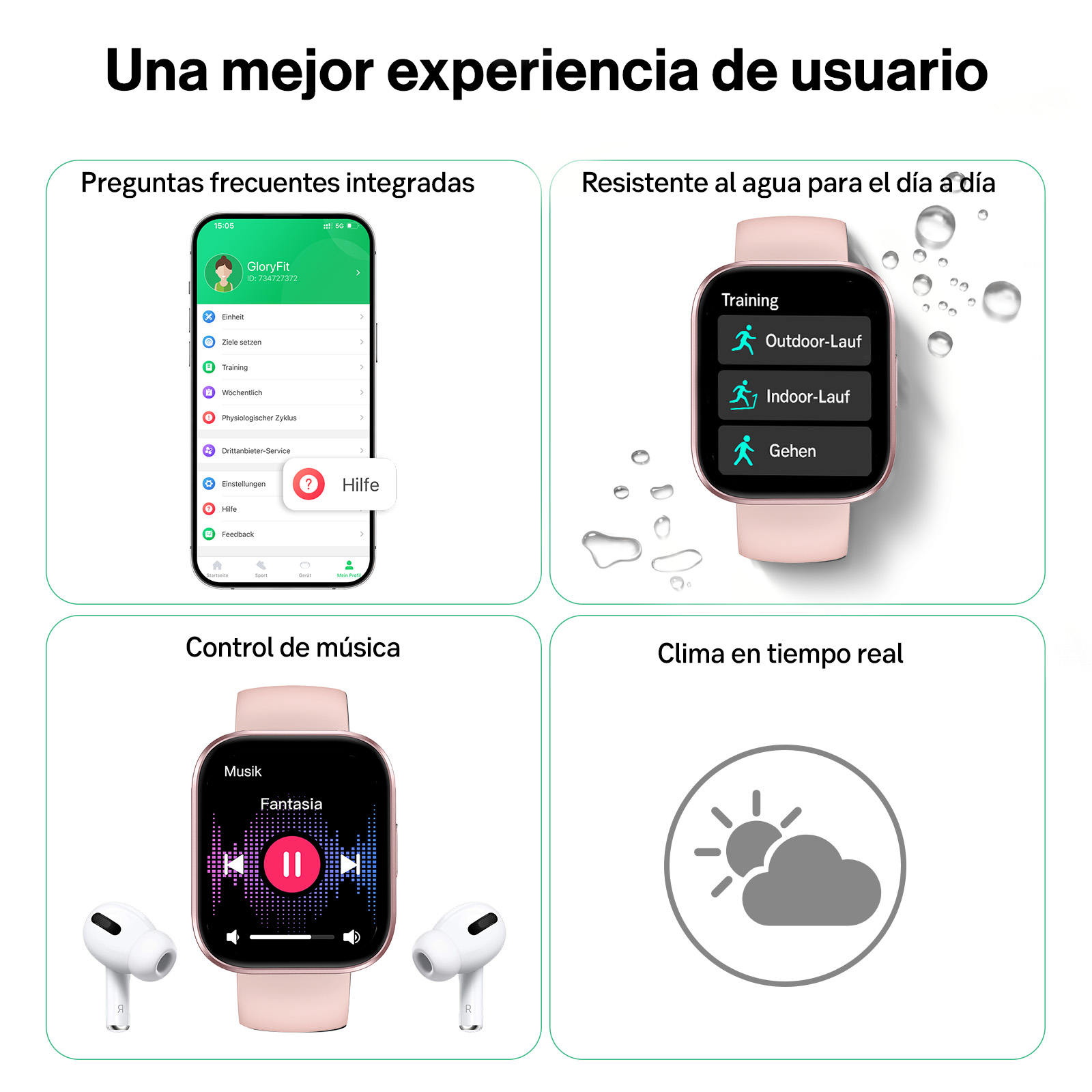 Cuatro paneles muestran funciones del reloj inteligente: app, resistencia al agua, música y clima.