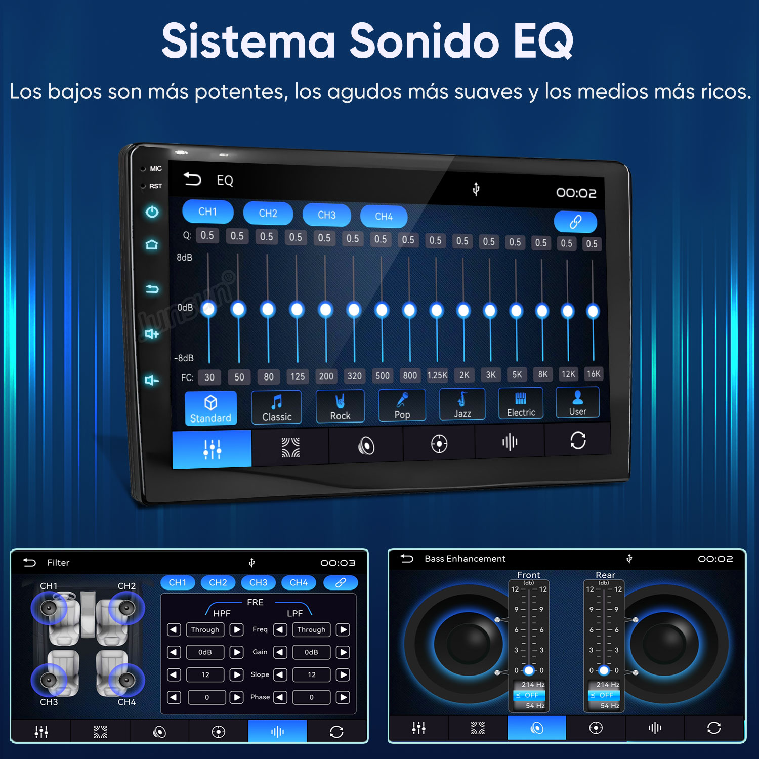 Pantalla de ecualizador de audio para coche con ajustes para CH1-CH4, controles deslizantes y preajustes.