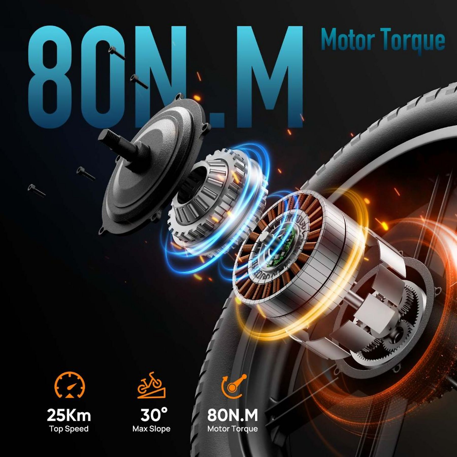 Vista esplosa di un motore per e-bike con 80 Nm di coppia e uno pneumatico.