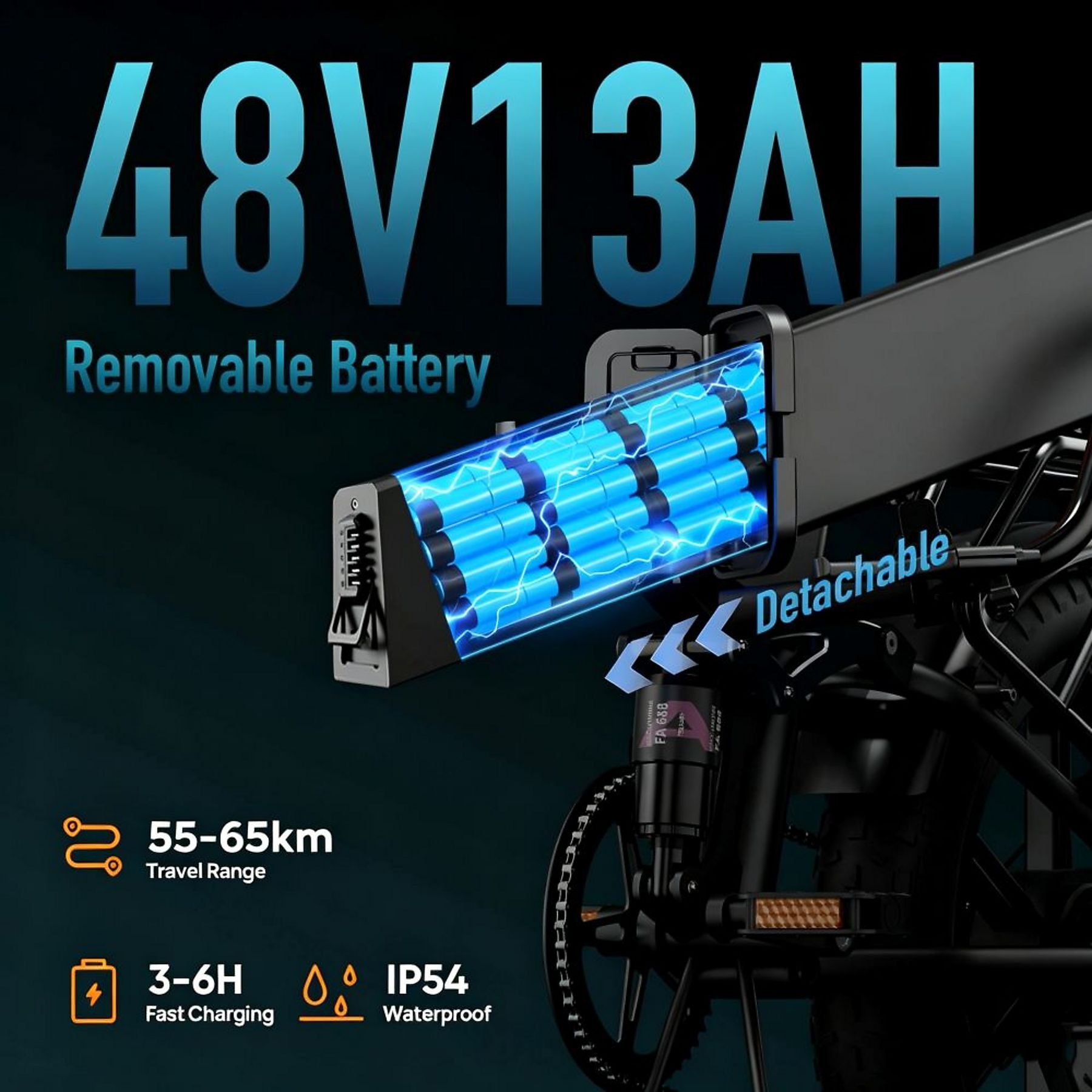 Batteria per e-bike rimovibile 48V 13AH con celle blu, autonomia di 55-65km e certificazione IP54 waterproof.