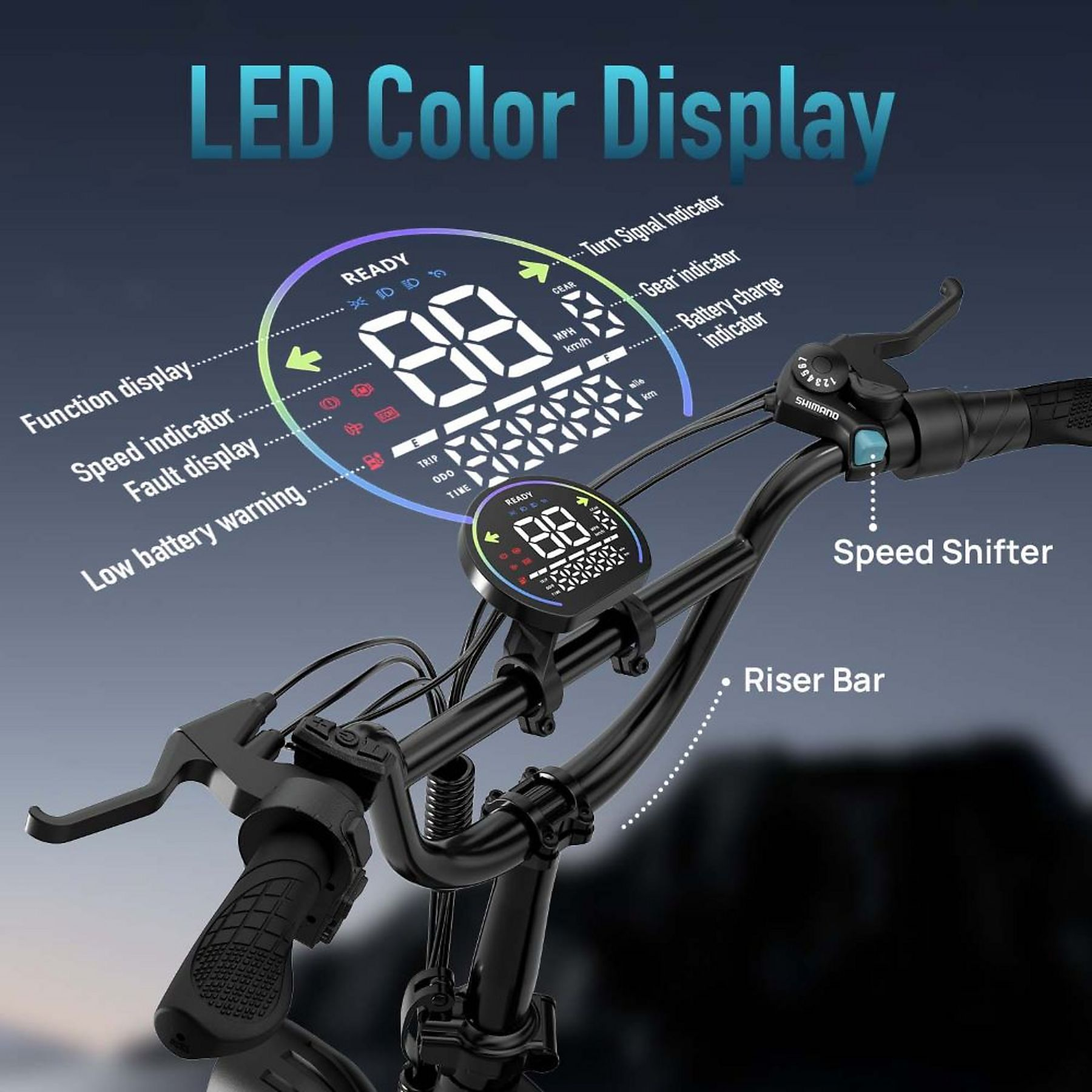 Manubrio di bicicletta con display LED a colori, cambio e linee esplicative.