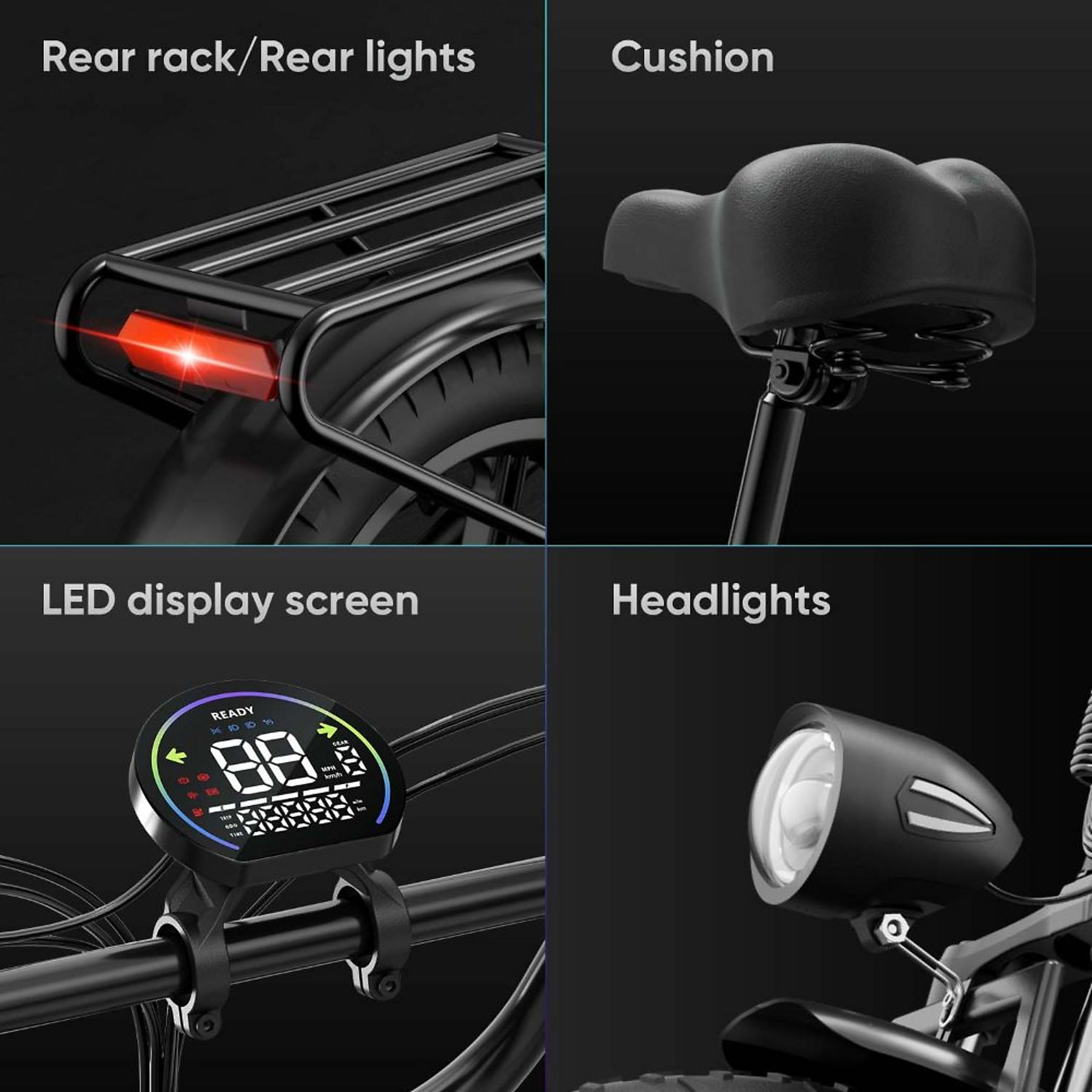 Immagine a quattro pannelli che mostra portapacchi, sella imbottita, display LED rotondo e faro di un'ebike.