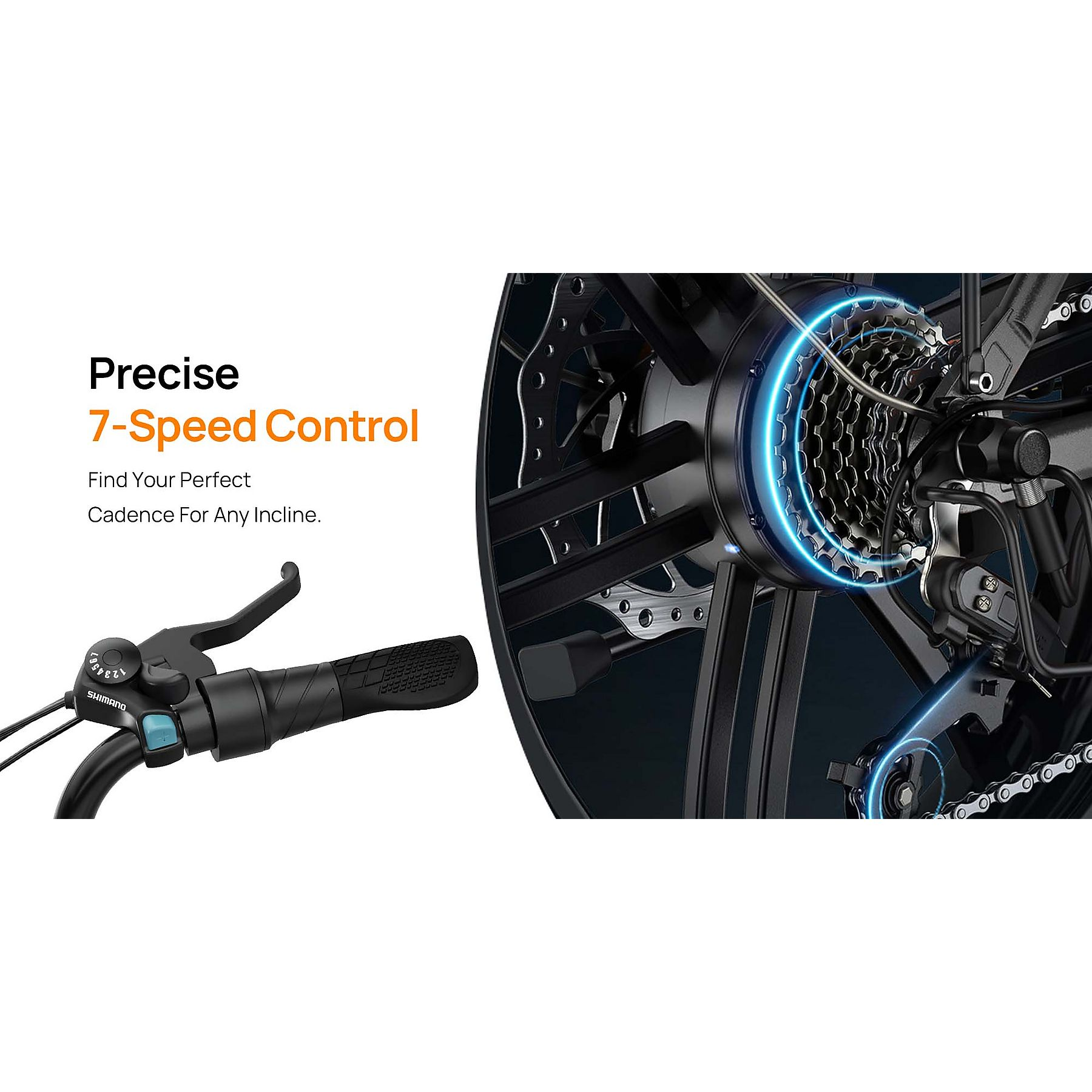 Controllo preciso a 7 velocità con cambio Shimano e componenti della trasmissione.