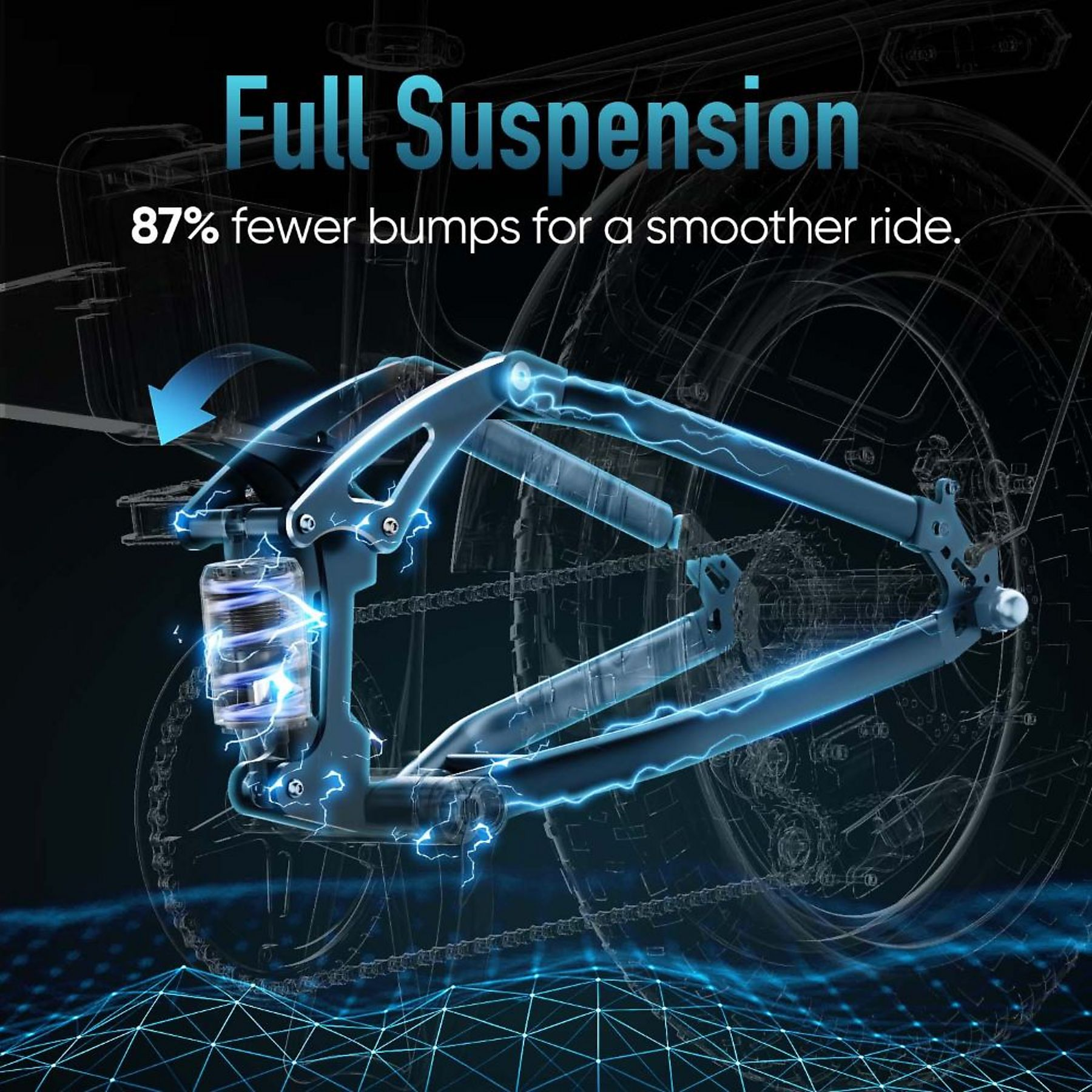 Sospensione per bicicletta blu con testo Full Suspension e 87 percento in meno di urti.