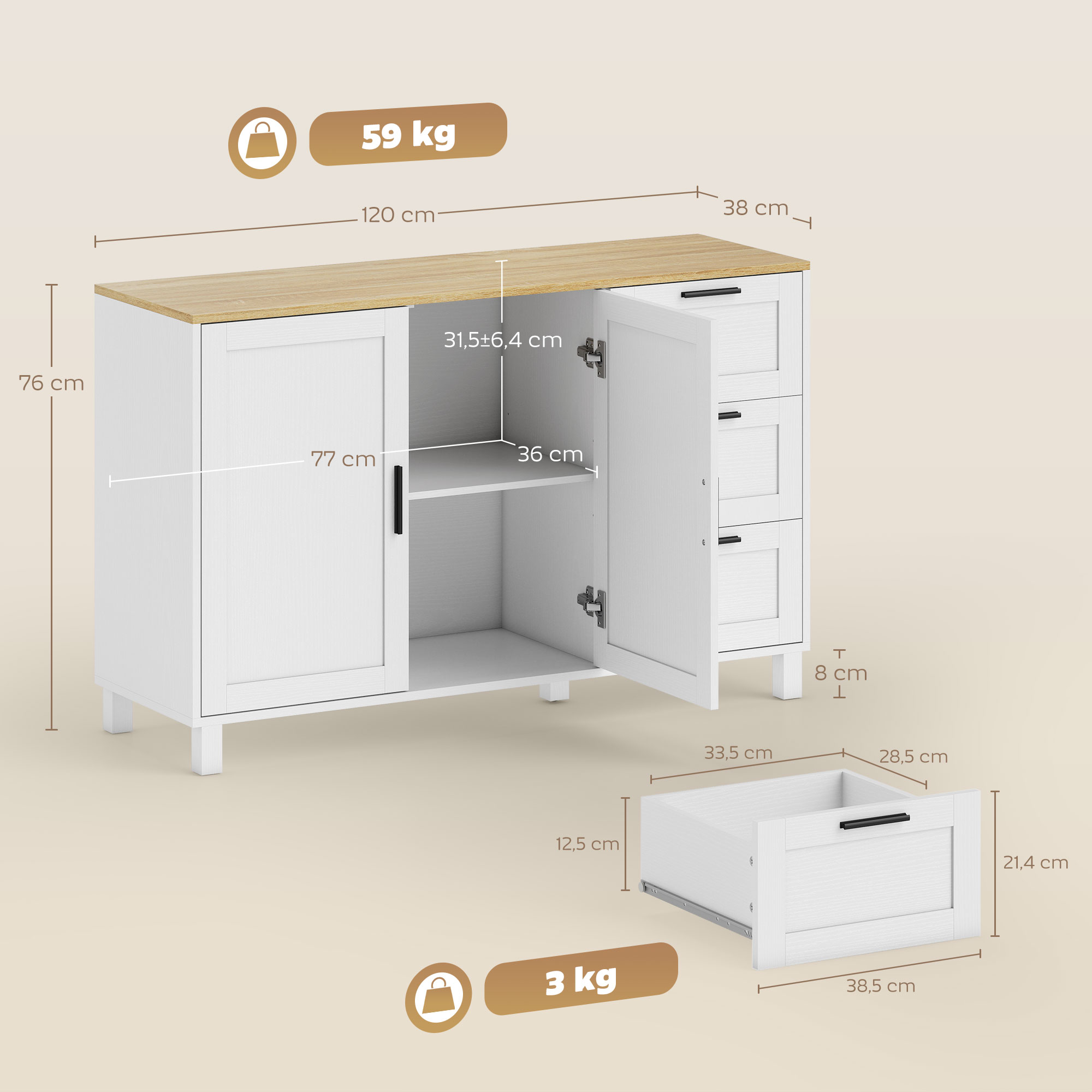 Armario blanco con tapa de madera, puertas abiertas y dimensiones.