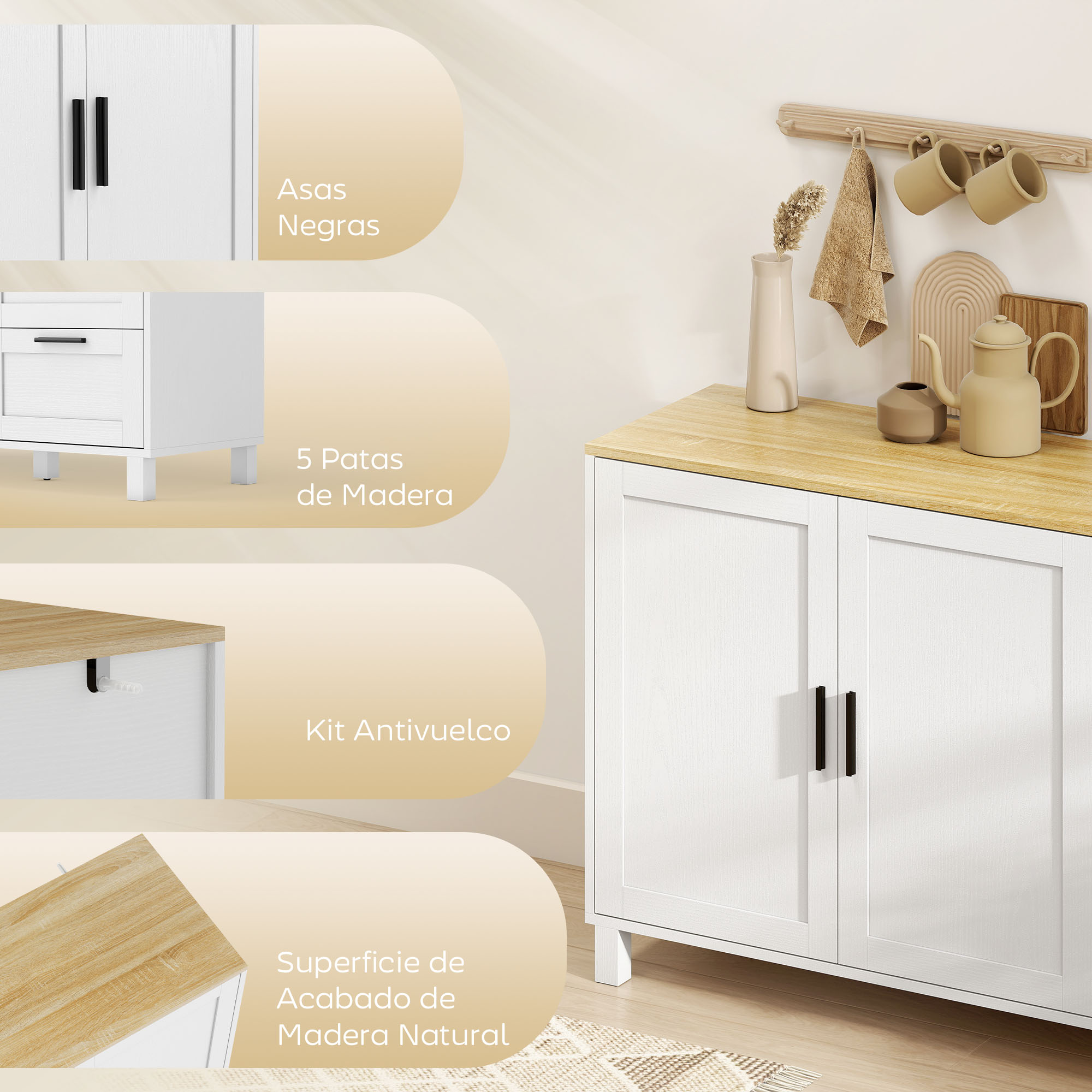 Mueble blanco con tapa de madera, tiradores negros, kit antivuelco y detalles.