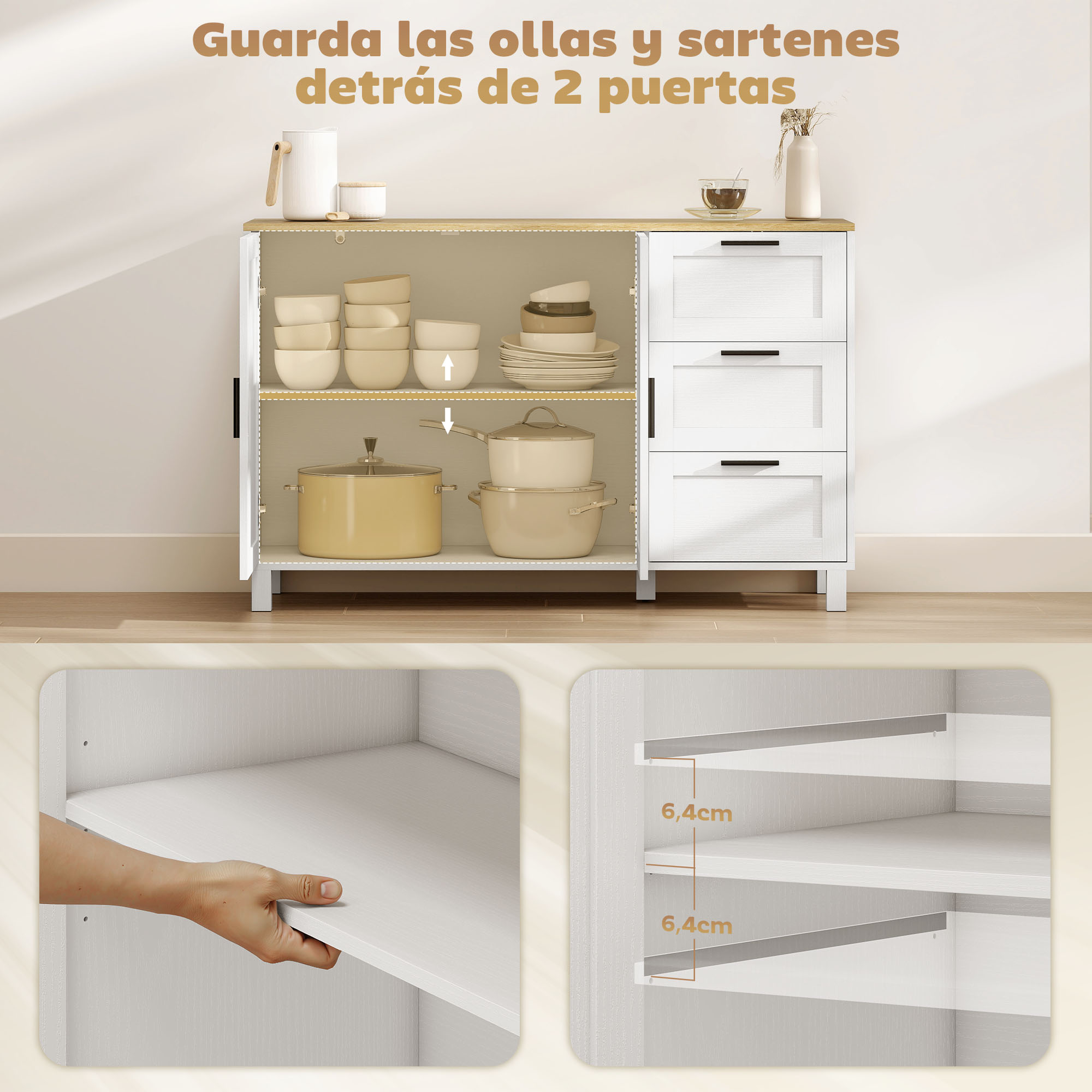 Mueble de cocina blanco con puertas abiertas que muestra platos, ollas y alturas de estantes.
