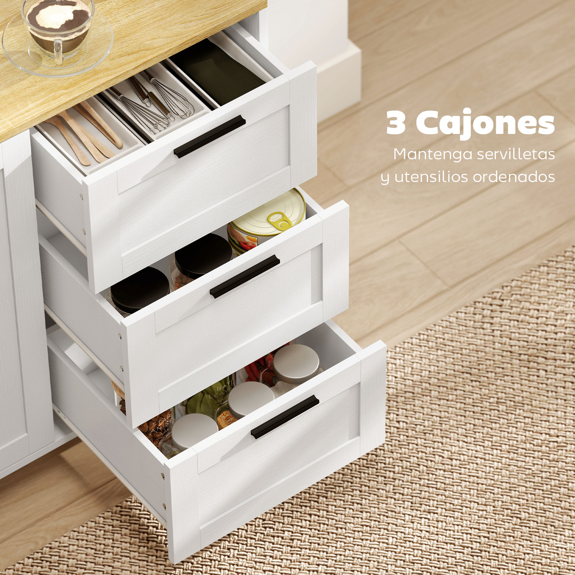 Tres cajones de cocina blancos abiertos con utensilios, latas y tarros.