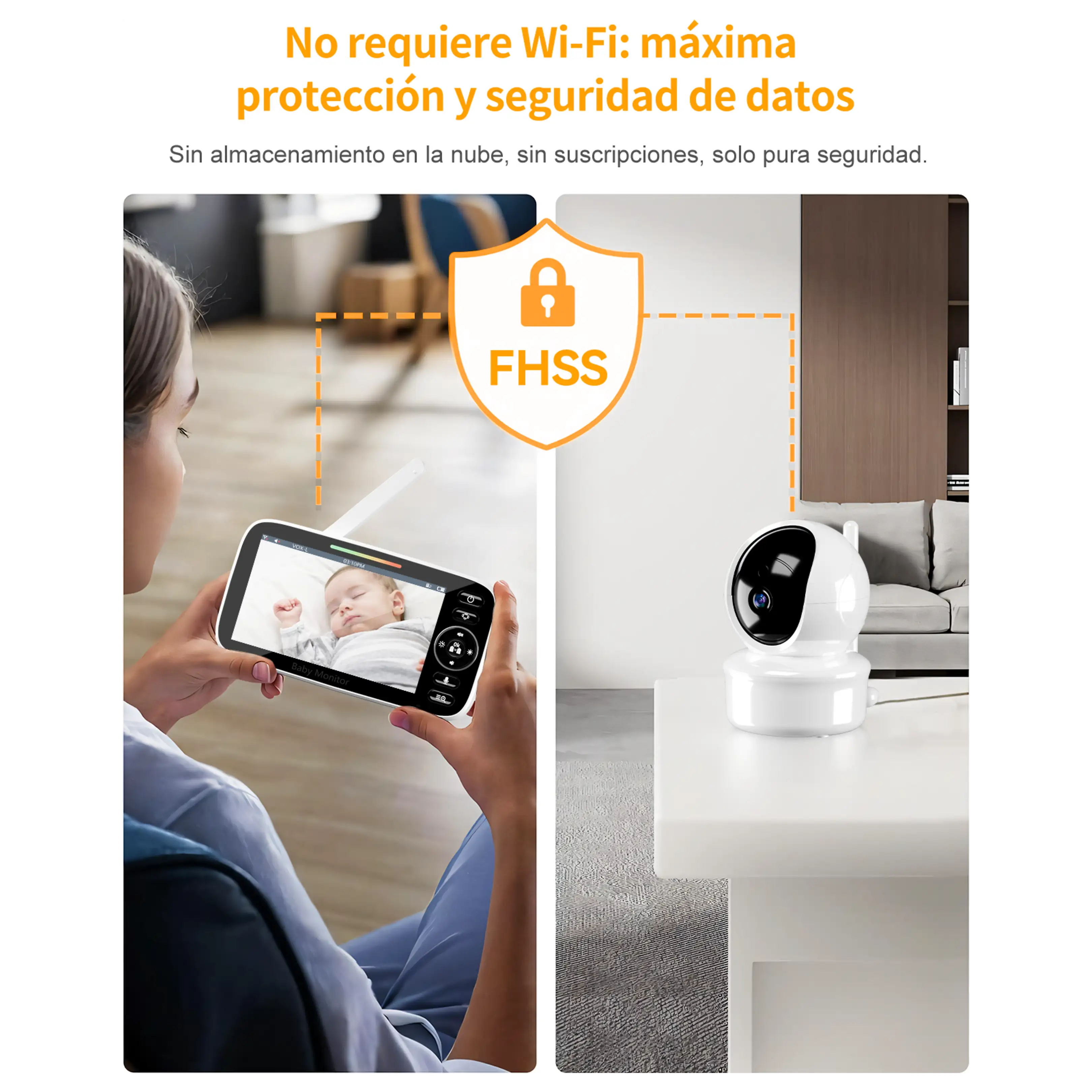 Persona sosteniendo monitor con bebé durmiendo, al lado una cámara.