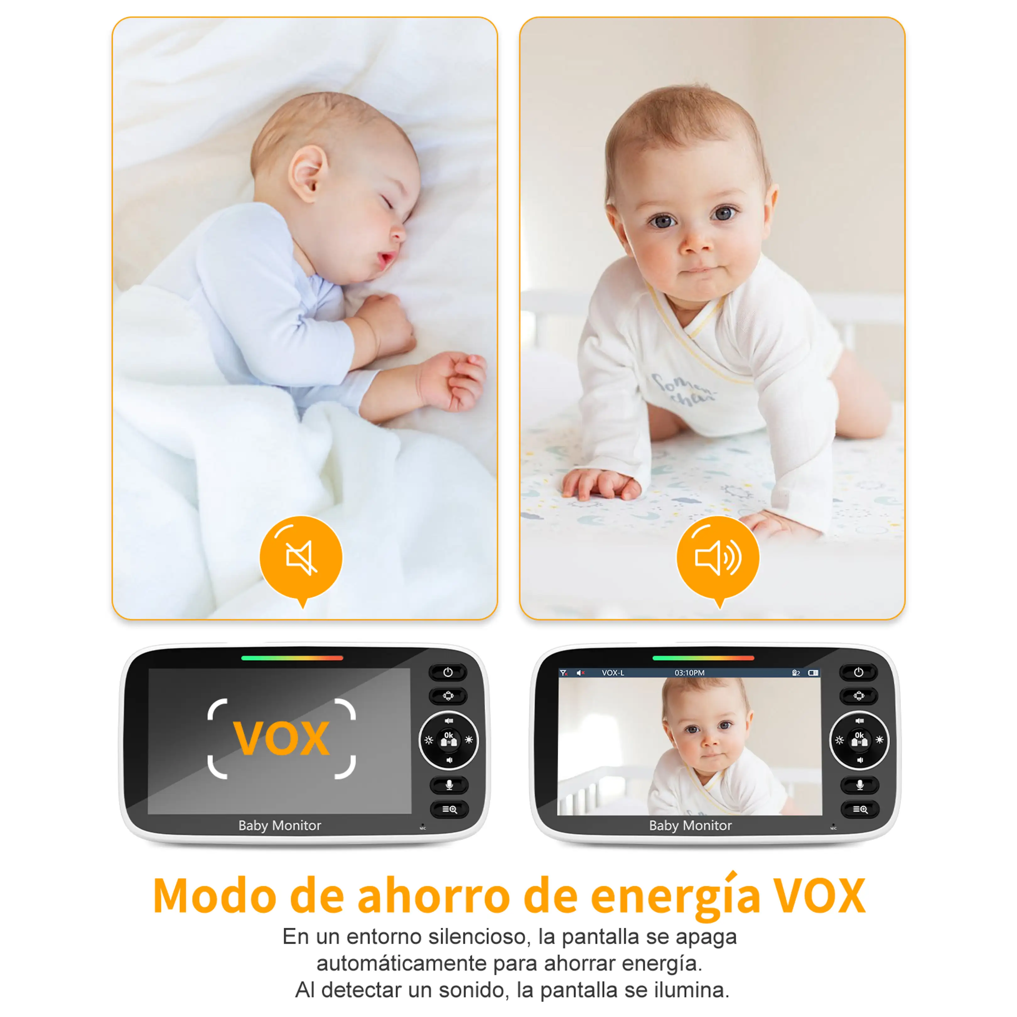 Un vigilabebés muestra a un bebé durmiendo y a otro gateando, demostrando el modo de ahorro de energía VOX.