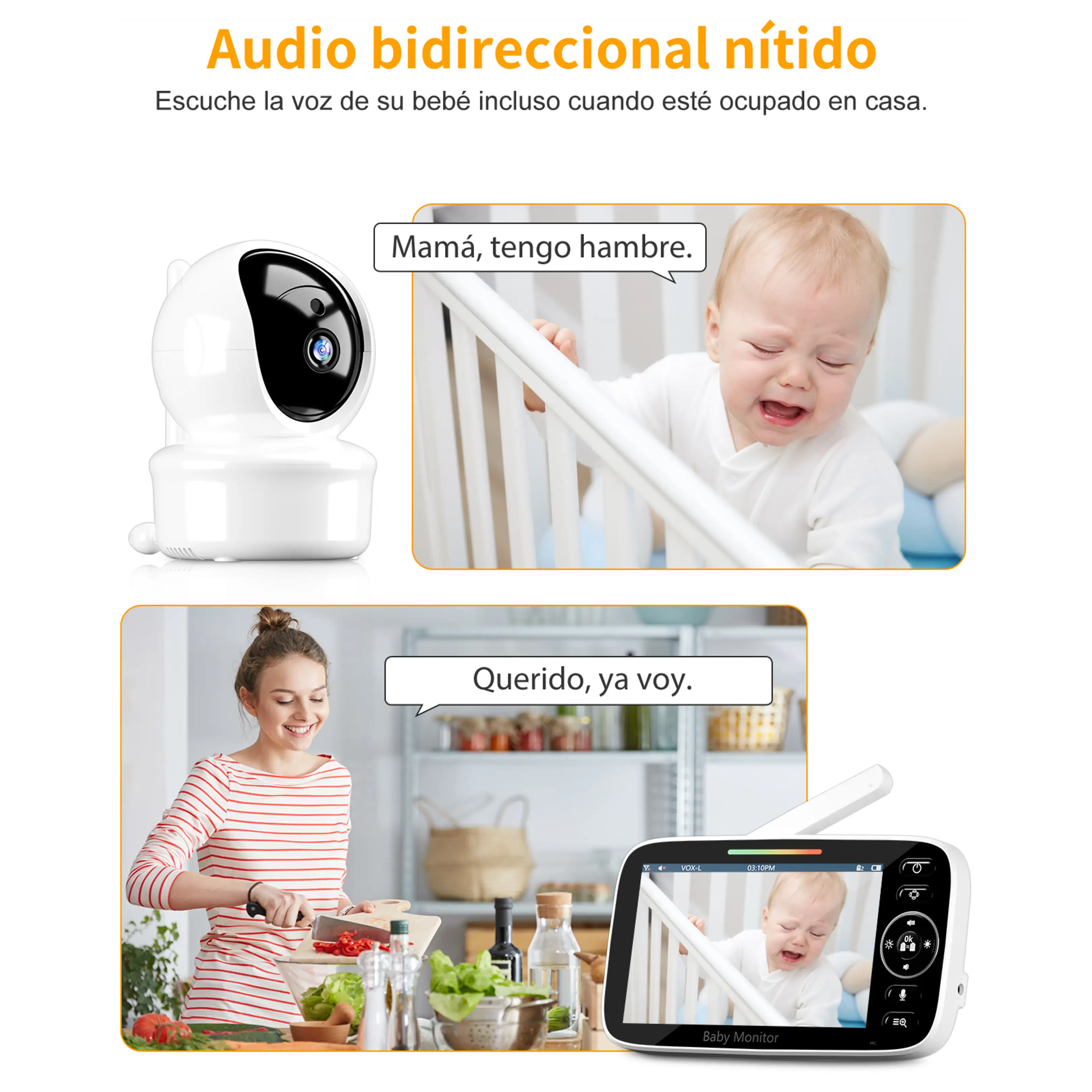 Monitor muestra a bebé llorando en la cuna mientras la madre cocina.