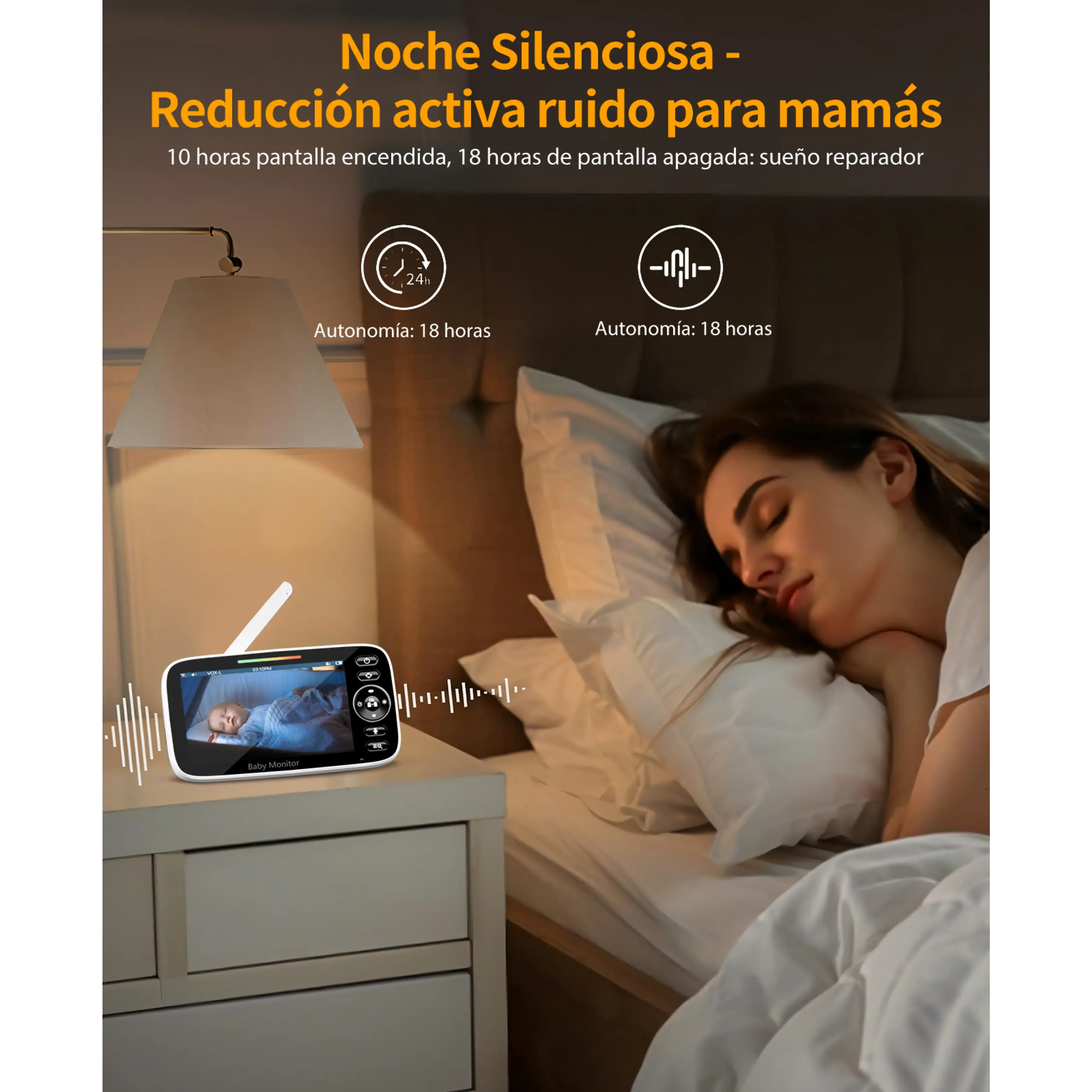 Una mujer duerme en la cama con un monitor de bebé en la mesa.