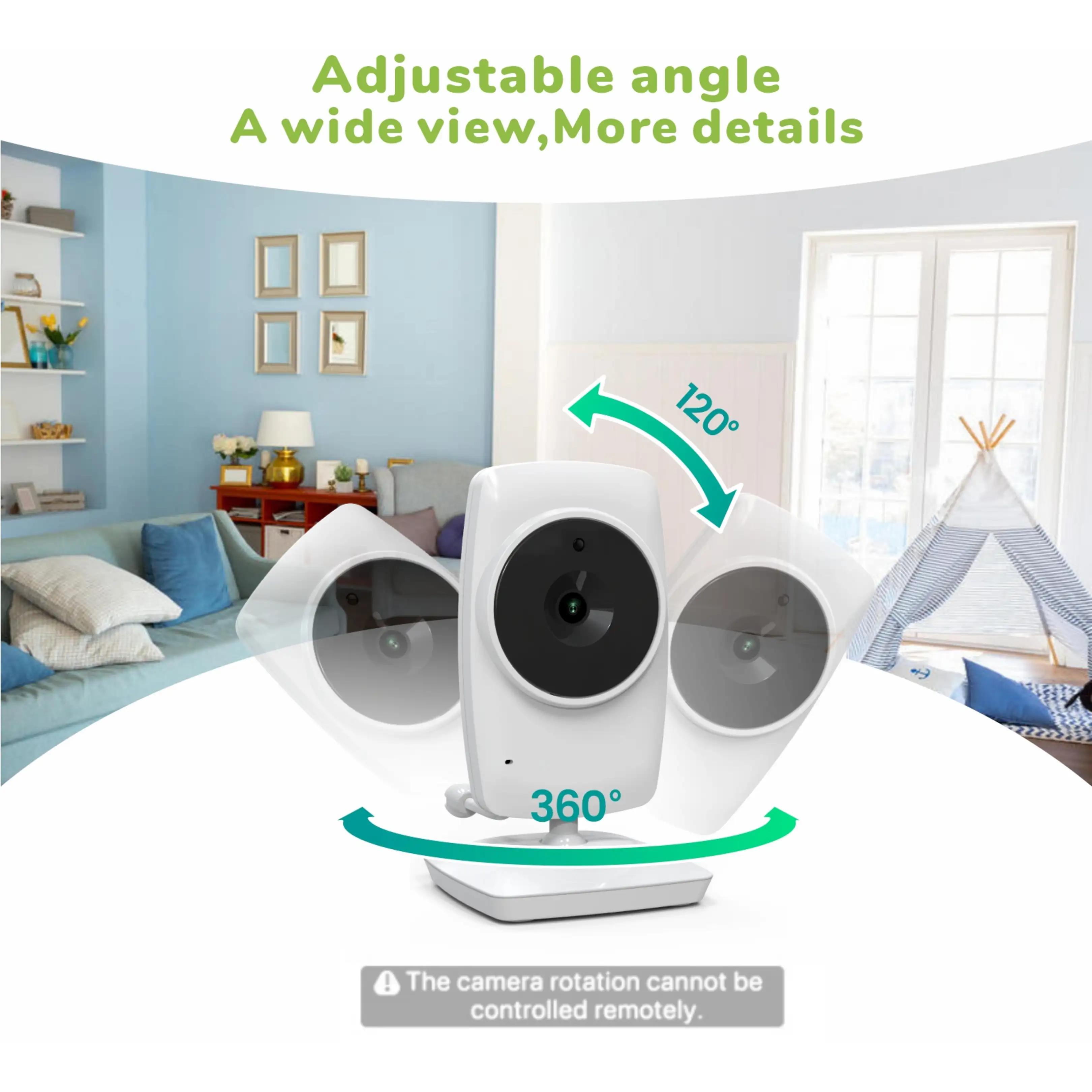 Una cámara de seguridad blanca con rotación de 360 grados en una sala.