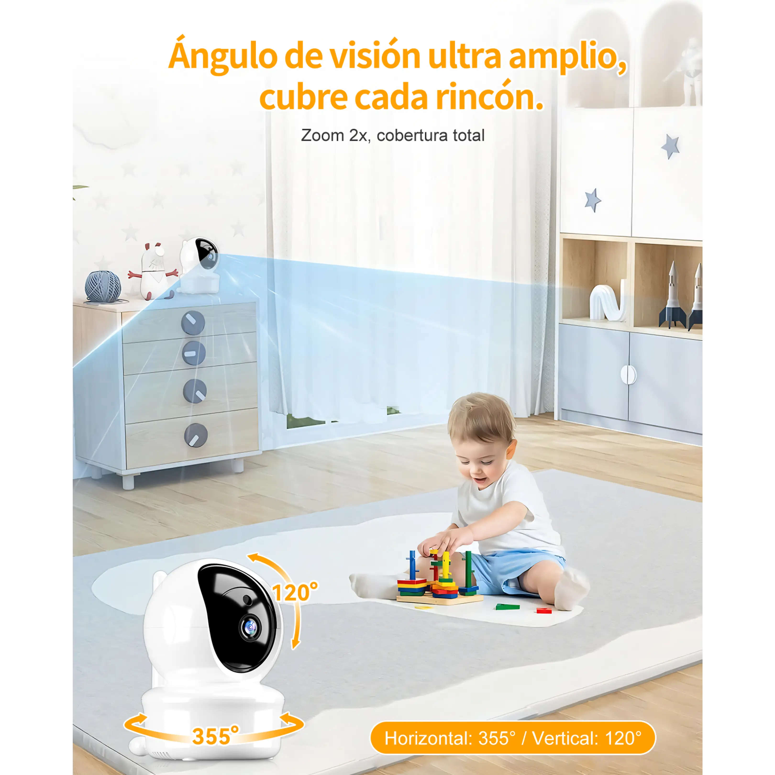 Cámara de seguridad muestra a un niño jugando; ángulo ilustrado.