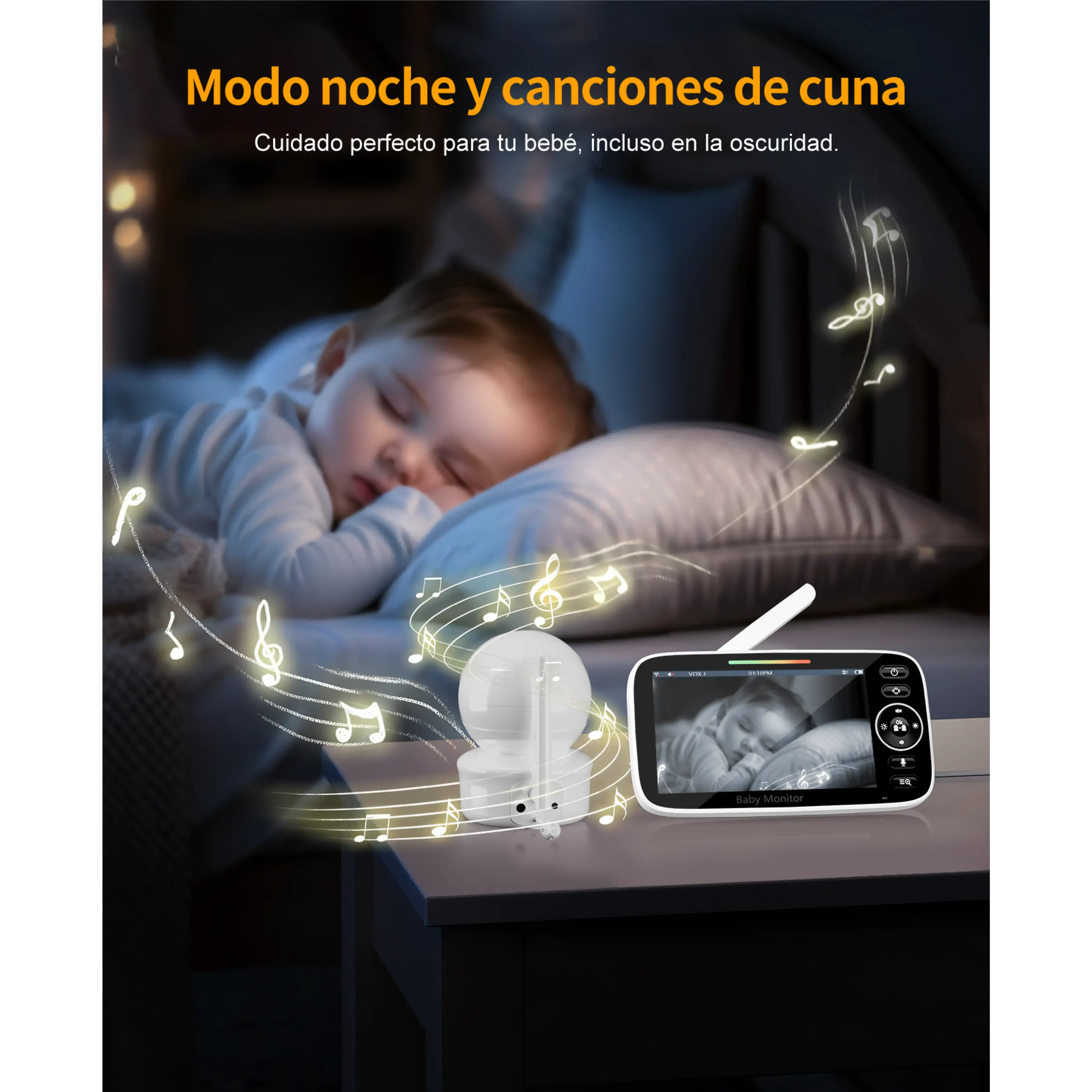 Un bebé duerme plácidamente junto a un vigilabebés blanco en la mesita.