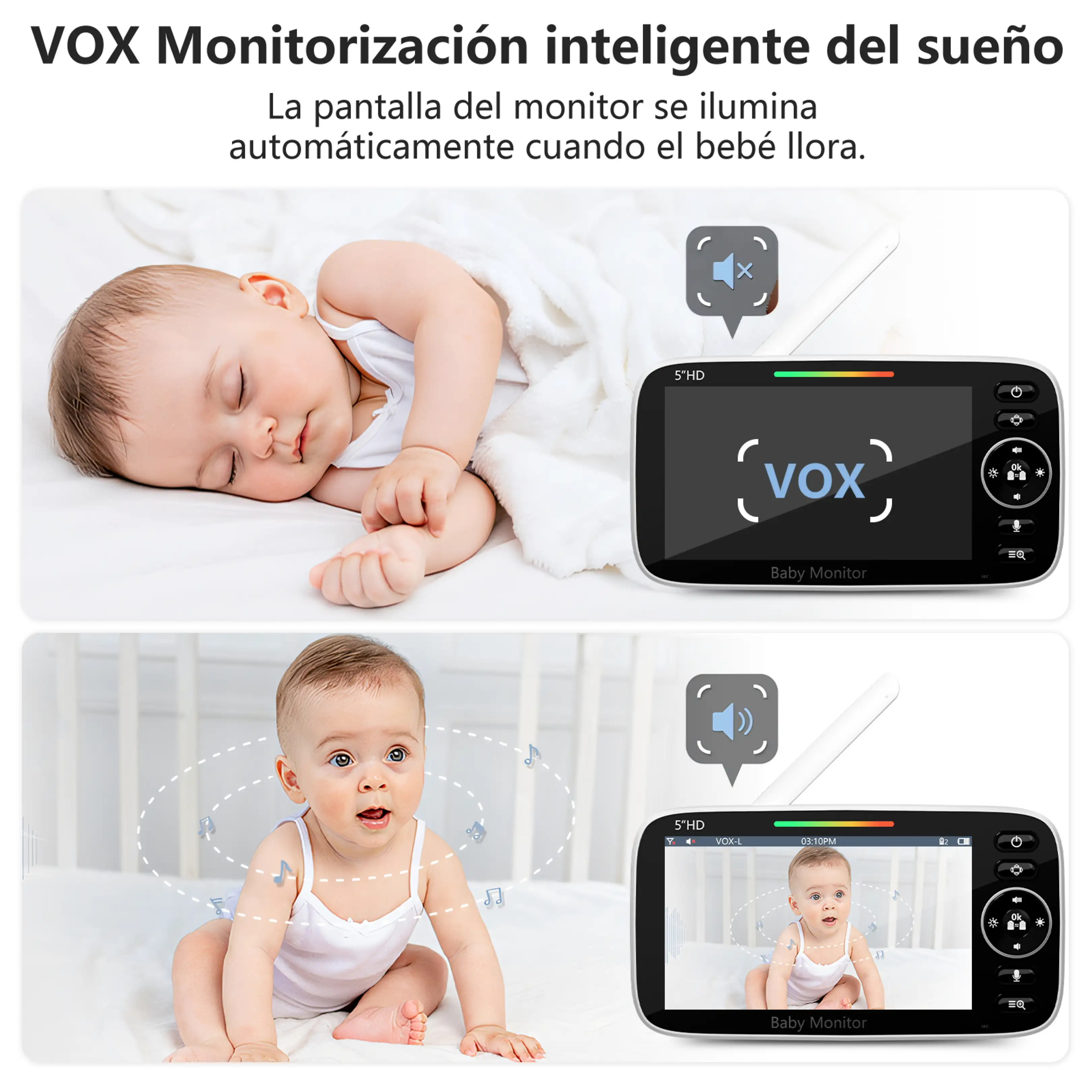 Un vigilabebés muestra cómo la pantalla se enciende automáticamente cuando el bebé llora.