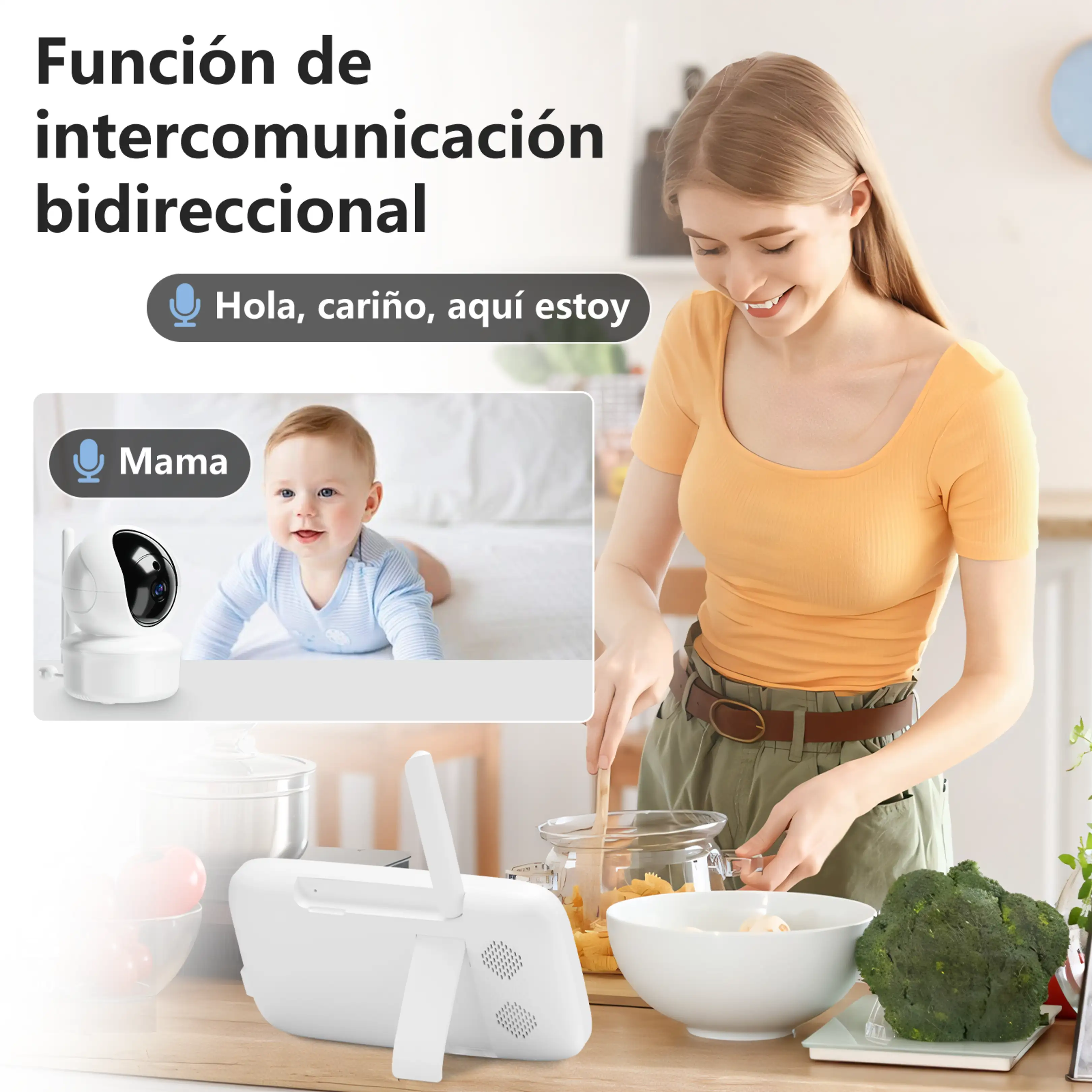 Una mujer cocina en la cocina mientras un bebé se muestra en un monitor.