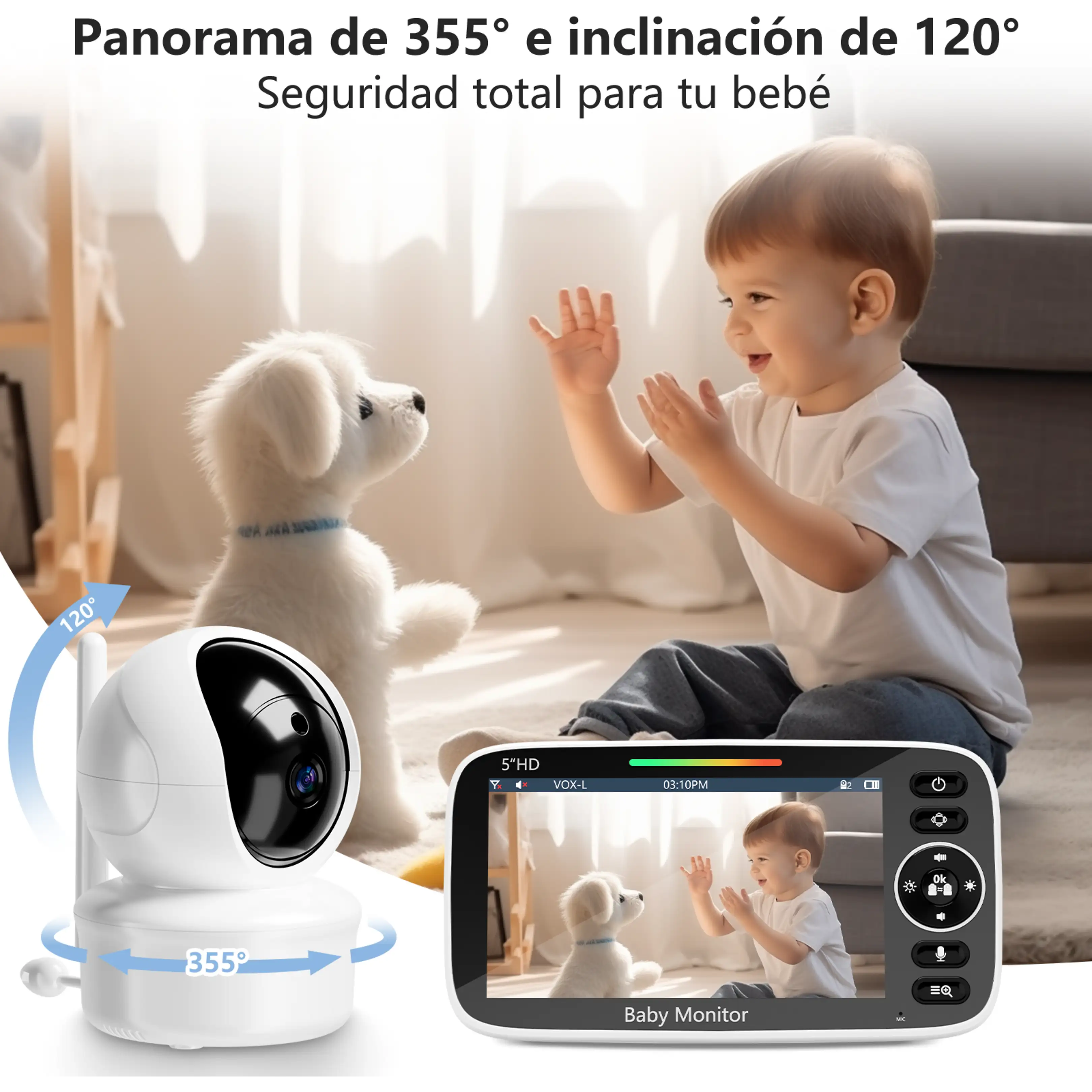 Un vigilabebés muestra a un niño pequeño jugando con un perro de peluche en una habitación soleada.