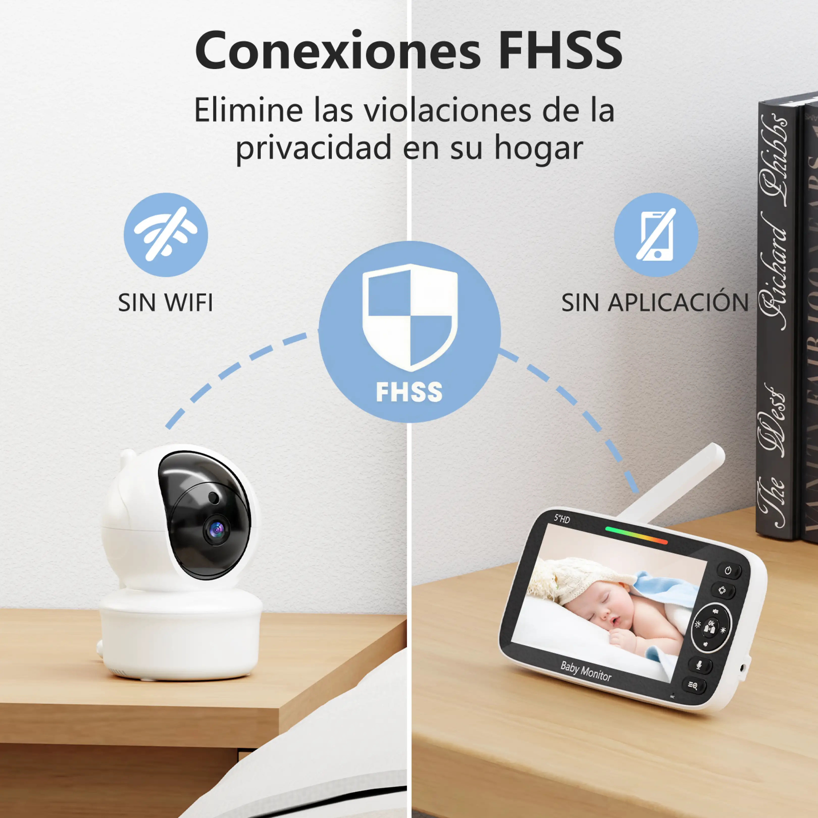 Monitor de bebé FHSS con cámara en mesa, sin WiFi ni app.