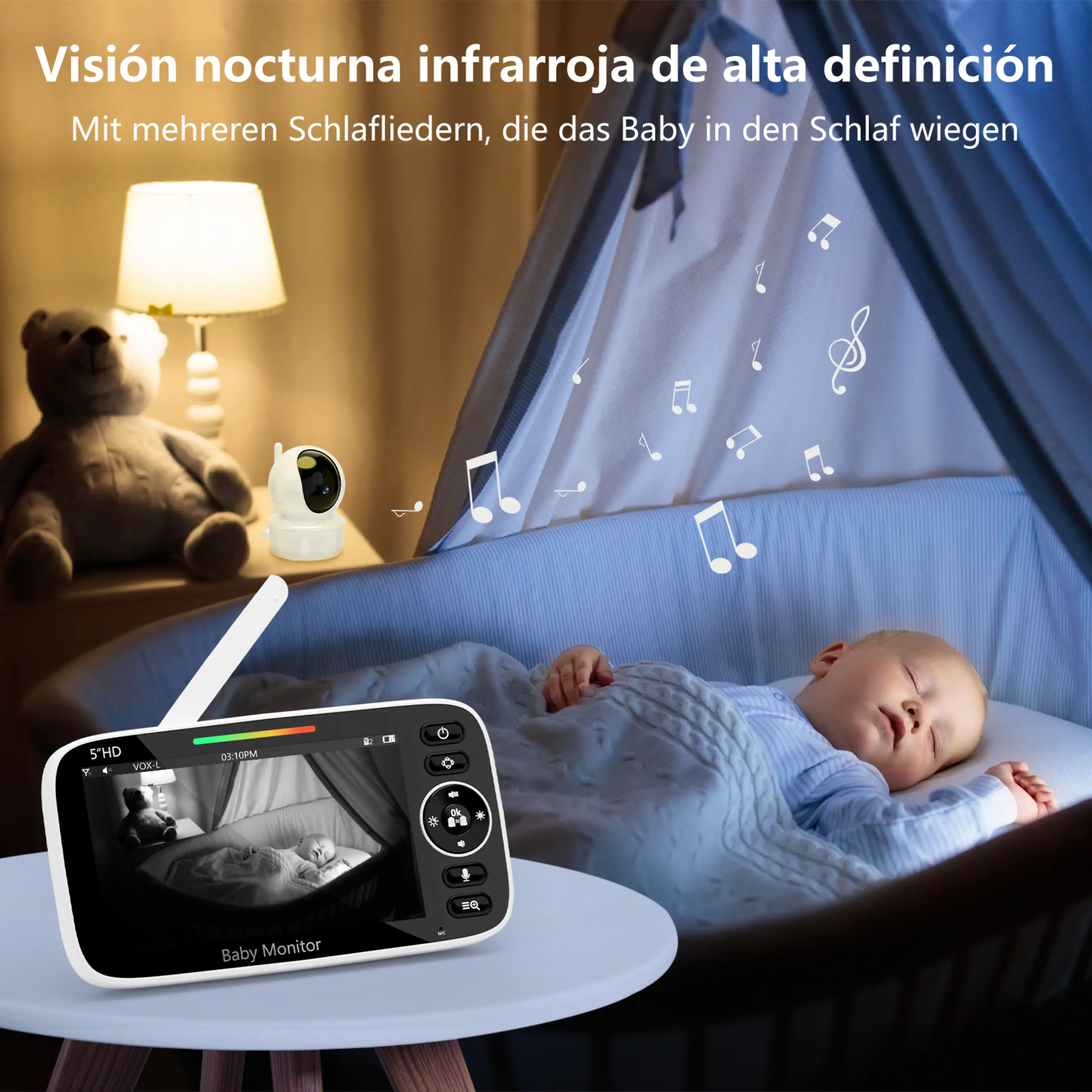 Un monitor de bebé muestra a un bebé durmiendo en la cuna, con un osito y una lámpara.