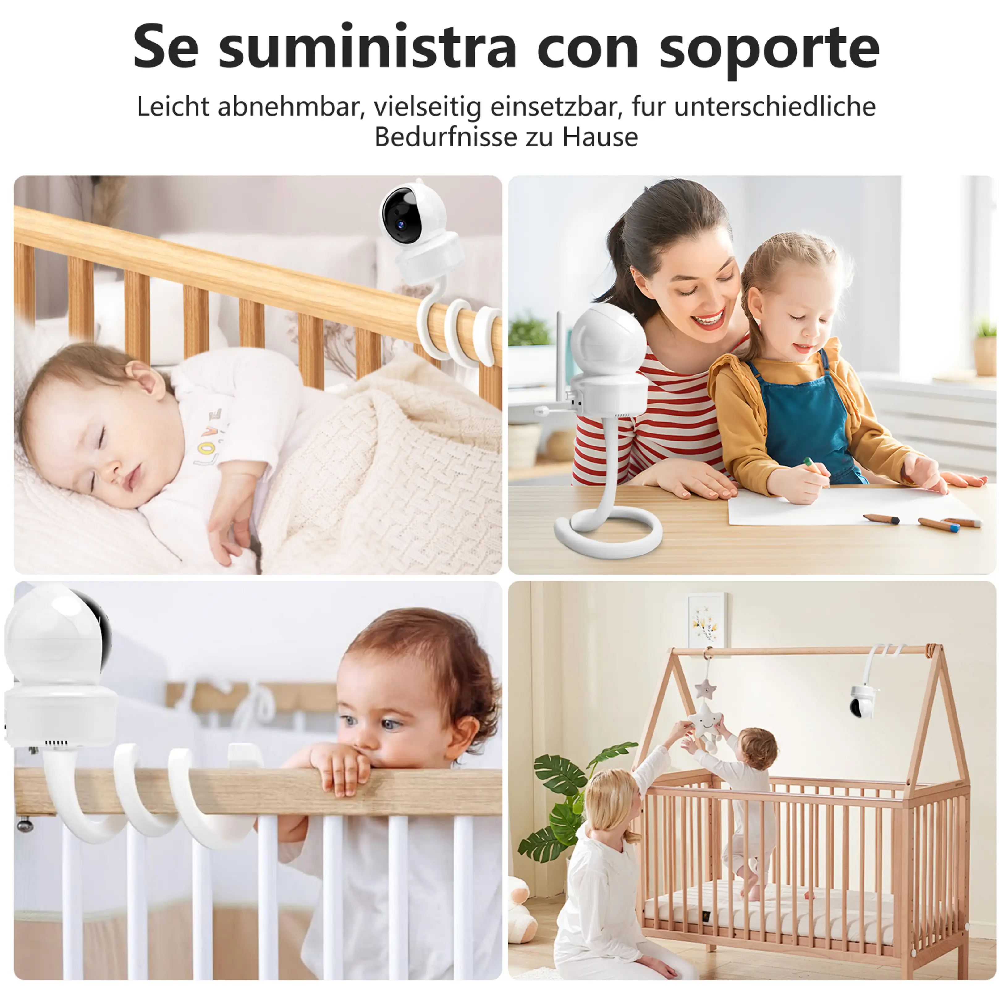 Una cámara flexible para bebés con soporte en varios escenarios con bebés y padres.