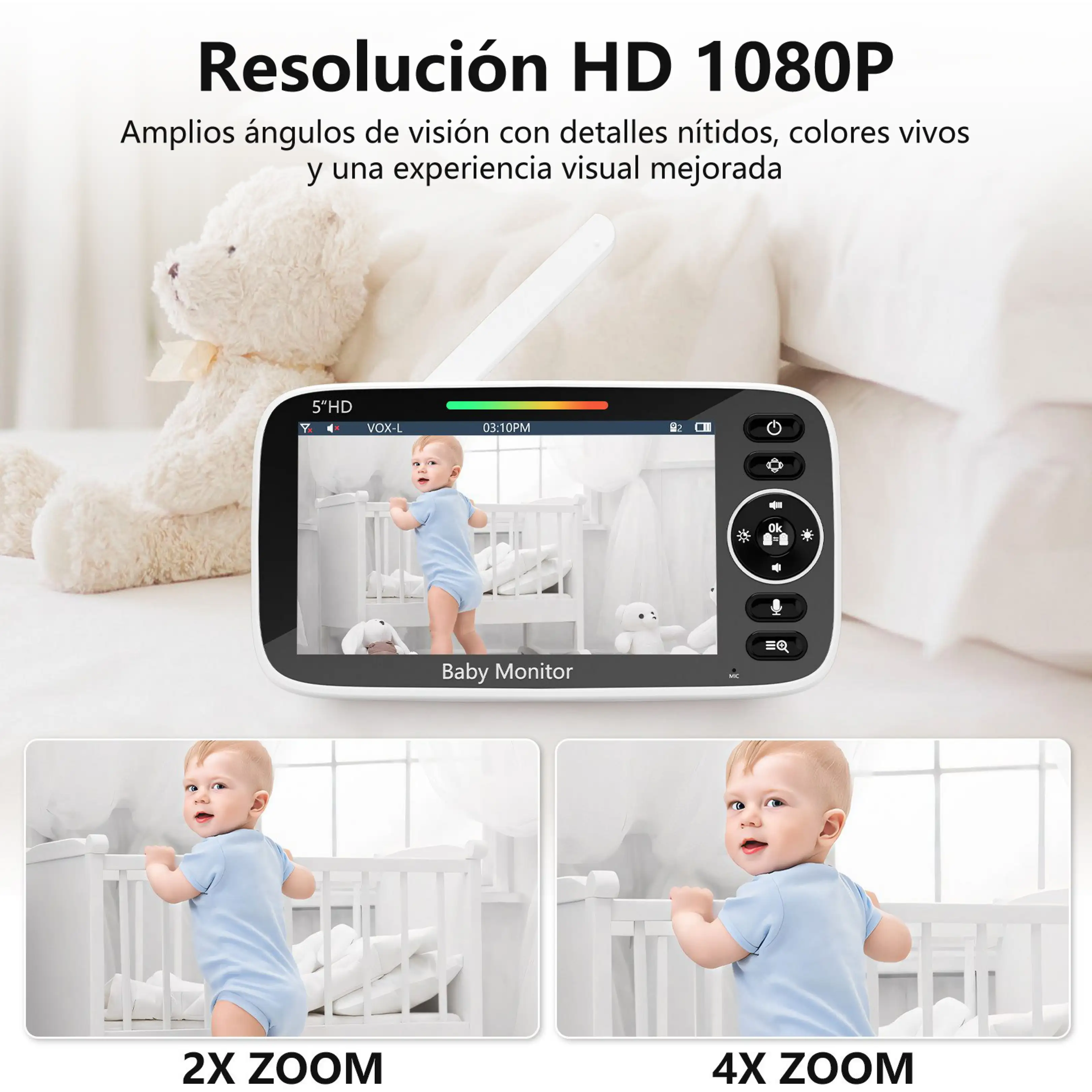 Un vigilabebés muestra a un niño en una cuna, con opciones de zoom y texto en español.