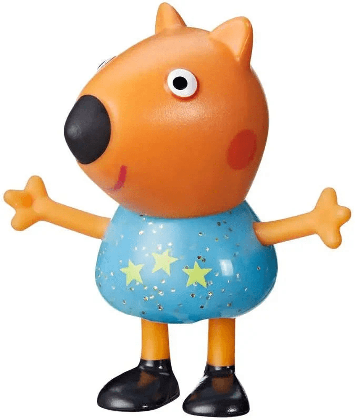 Una figura de perro naranja con grandes ojos, un vestido azul brillante con estrellas y zapatos negros, sobre fondo blanco.