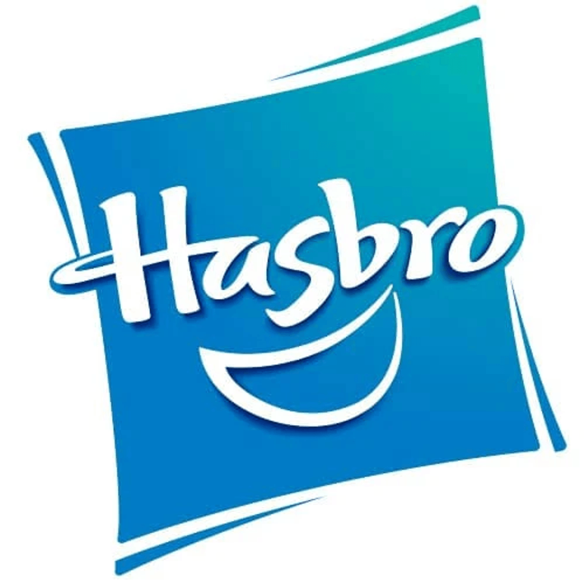 El logotipo de Hasbro presenta letras blancas sobre un fondo azul inclinado con una línea curva debajo.