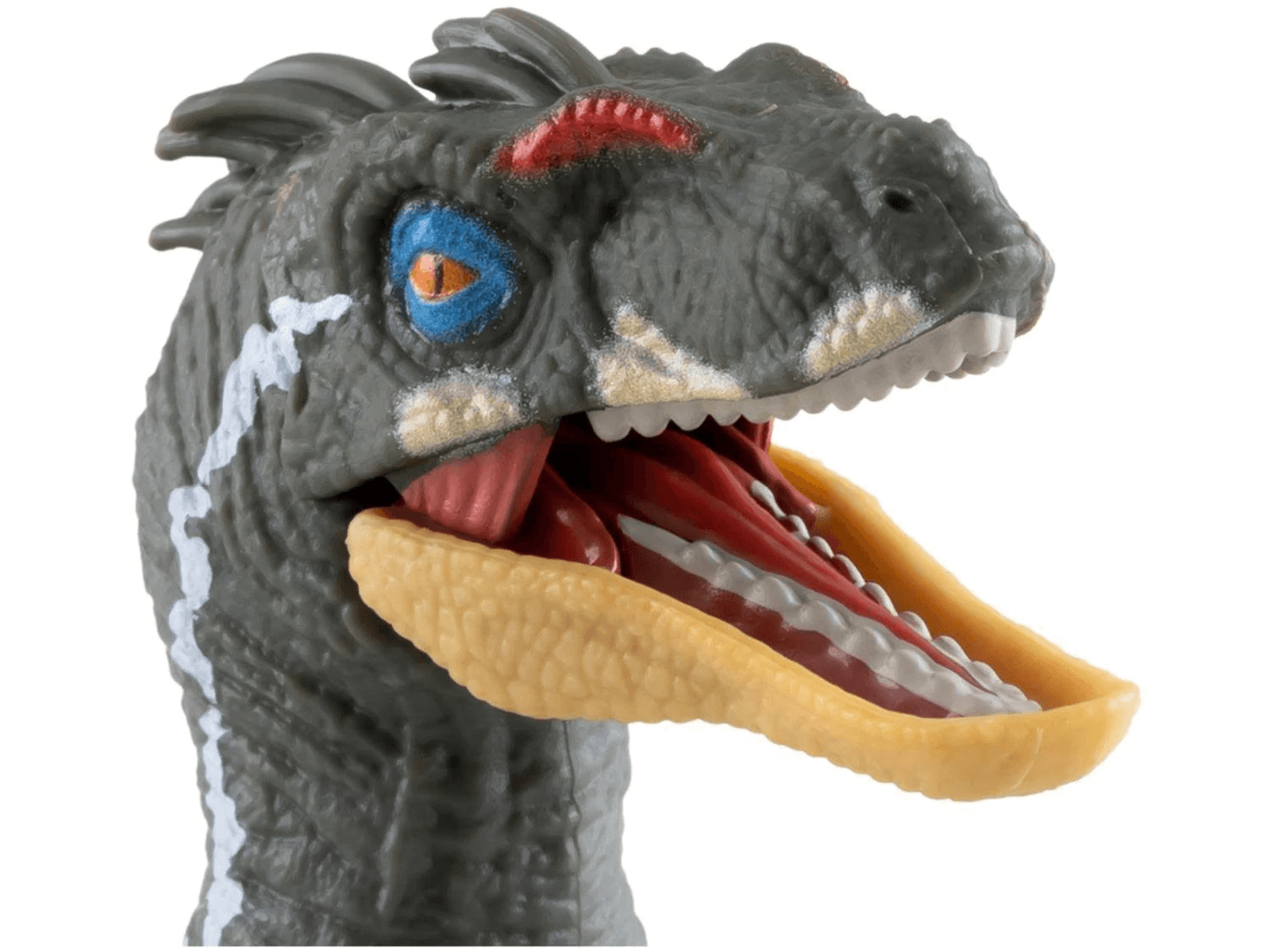 Primer plano de la cabeza de un dinosaurio de juguete gris con la boca abierta, ojo azul y naranja y franja blanca.