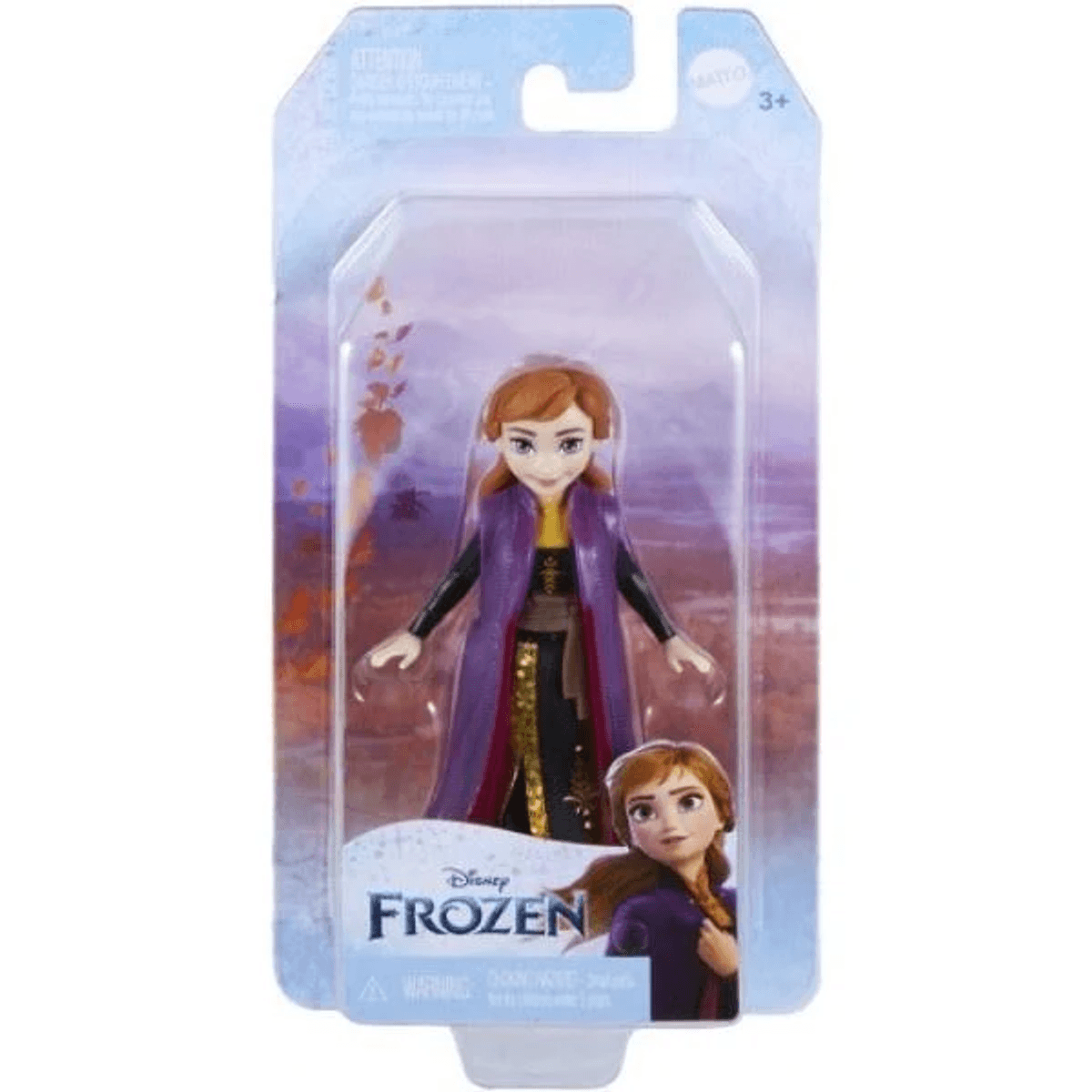 Frozen Anna Puppe in Originalverpackung mit lila Mantel und schwarzem Kleid vor verschneitem Hintergrund.