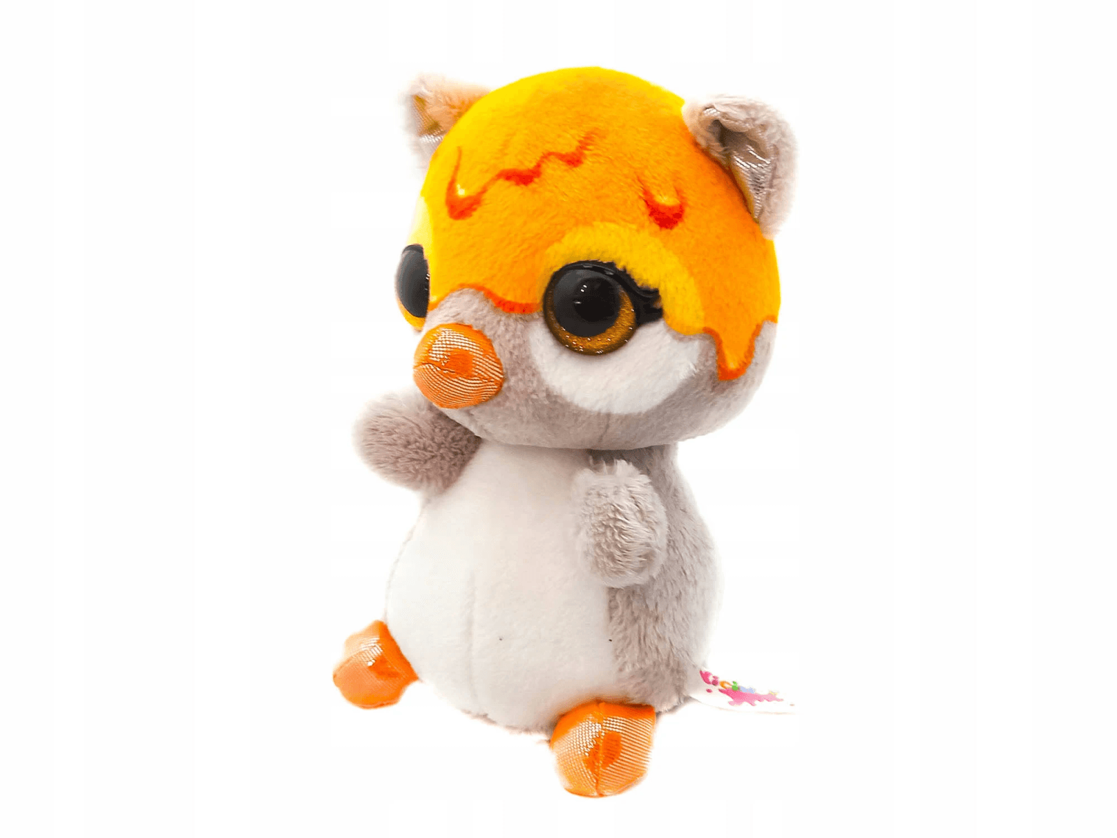 Un peluche con cabeza amarilla, grandes ojos negros, vientre blanco y pies anaranjados sobre fondo blanco.