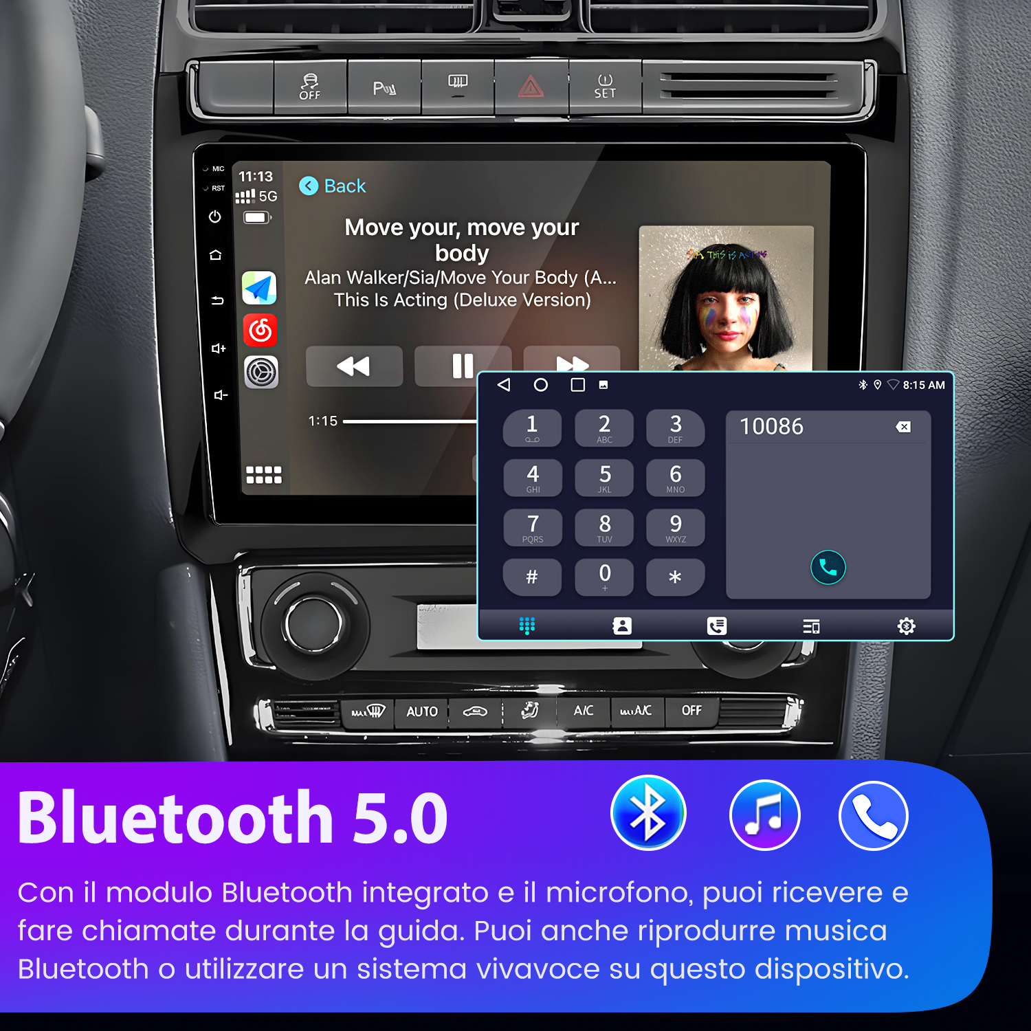 Display autoradio mostra lettore musicale e tastierino numerico per chiamate, con Bluetooth 5.0.
