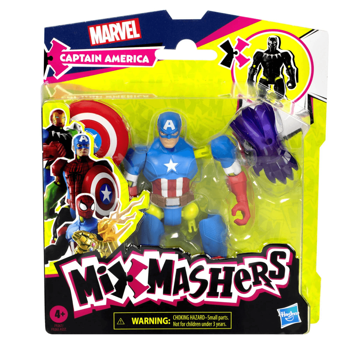 Captain America Mix Mashers Actionfigur in bunter Verpackung mit austauschbaren Teilen und Marvel-Logo.