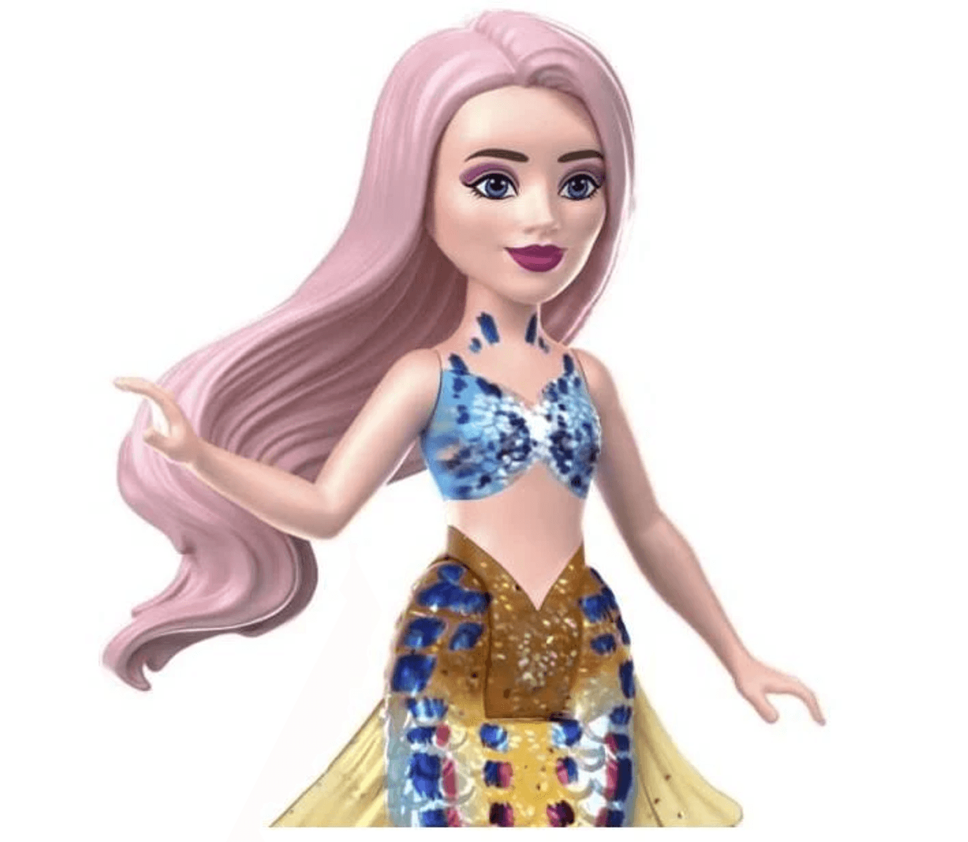 Una bambola stilizzata con lunghi capelli rosa, top blu e bianco e coda da sirena dorata su sfondo bianco.