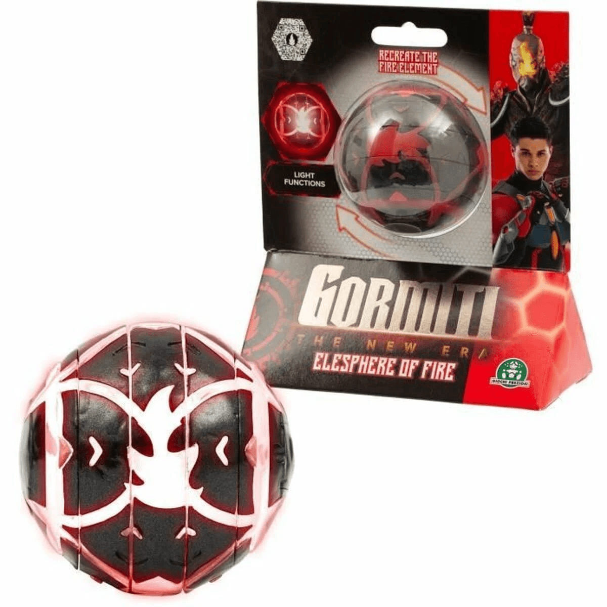 Bola de juguete Gormiti Elesphere of Fire en su empaque, brillante en negro y rojo.