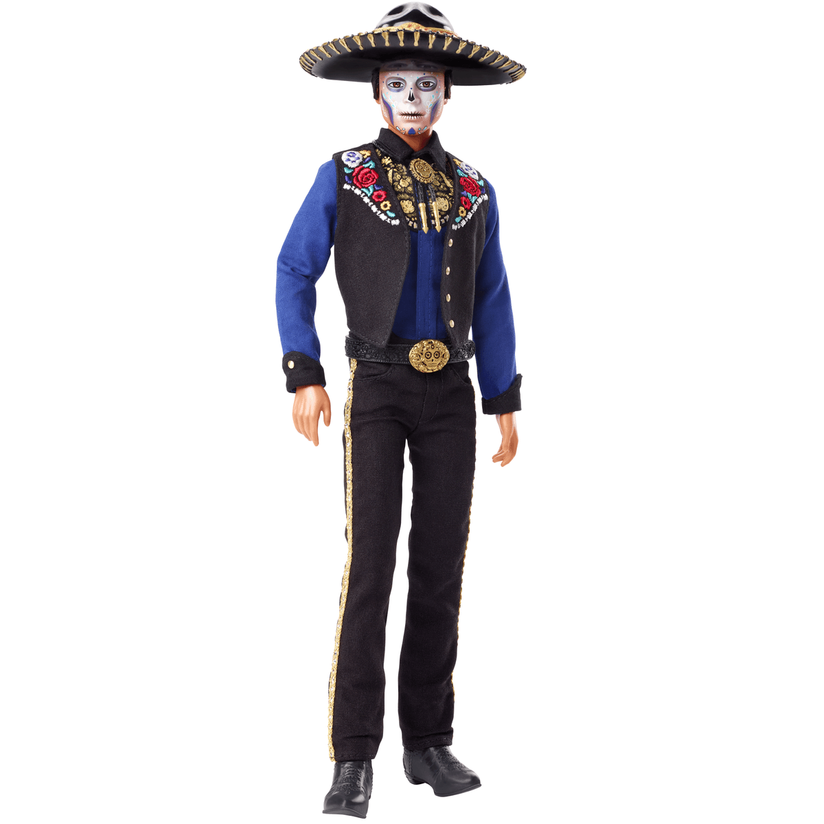 Puppe mit Dia de los Muertos-Gesichtsbemalung, blauem Hemd, schwarzer Weste, Hose und Sombrero.