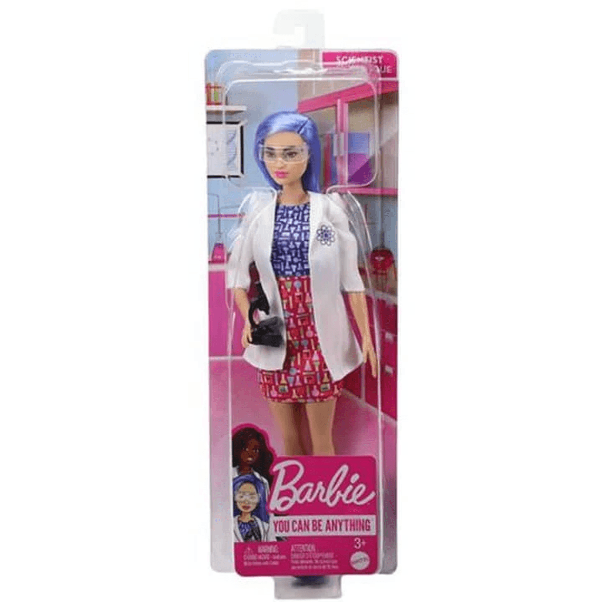 Barbie Wissenschaftlerin-Puppe mit blauen Haaren, weißem Kittel und Brille in einer rosa Labor-Verpackung.