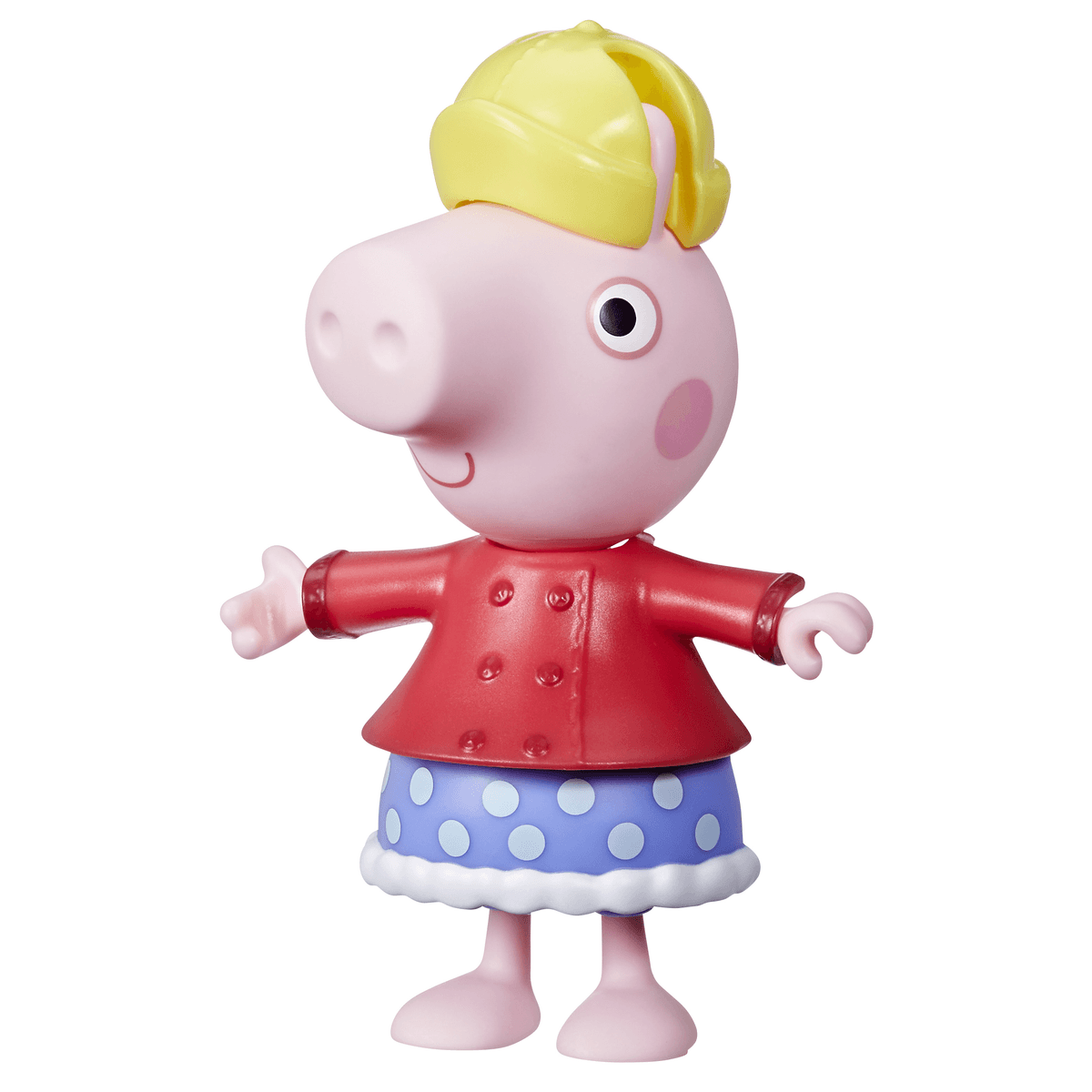 Statuetta di Peppa Pig con cappello giallo, giacca rossa e gonna blu a pois su sfondo bianco.