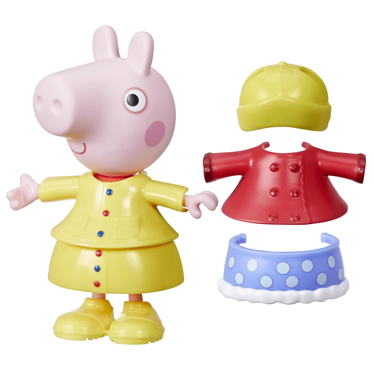 Statuetta di Peppa Pig con cappotto giallo, giacca rossa extra, gonnellina a pois blu e cappello giallo su sfondo bianco.