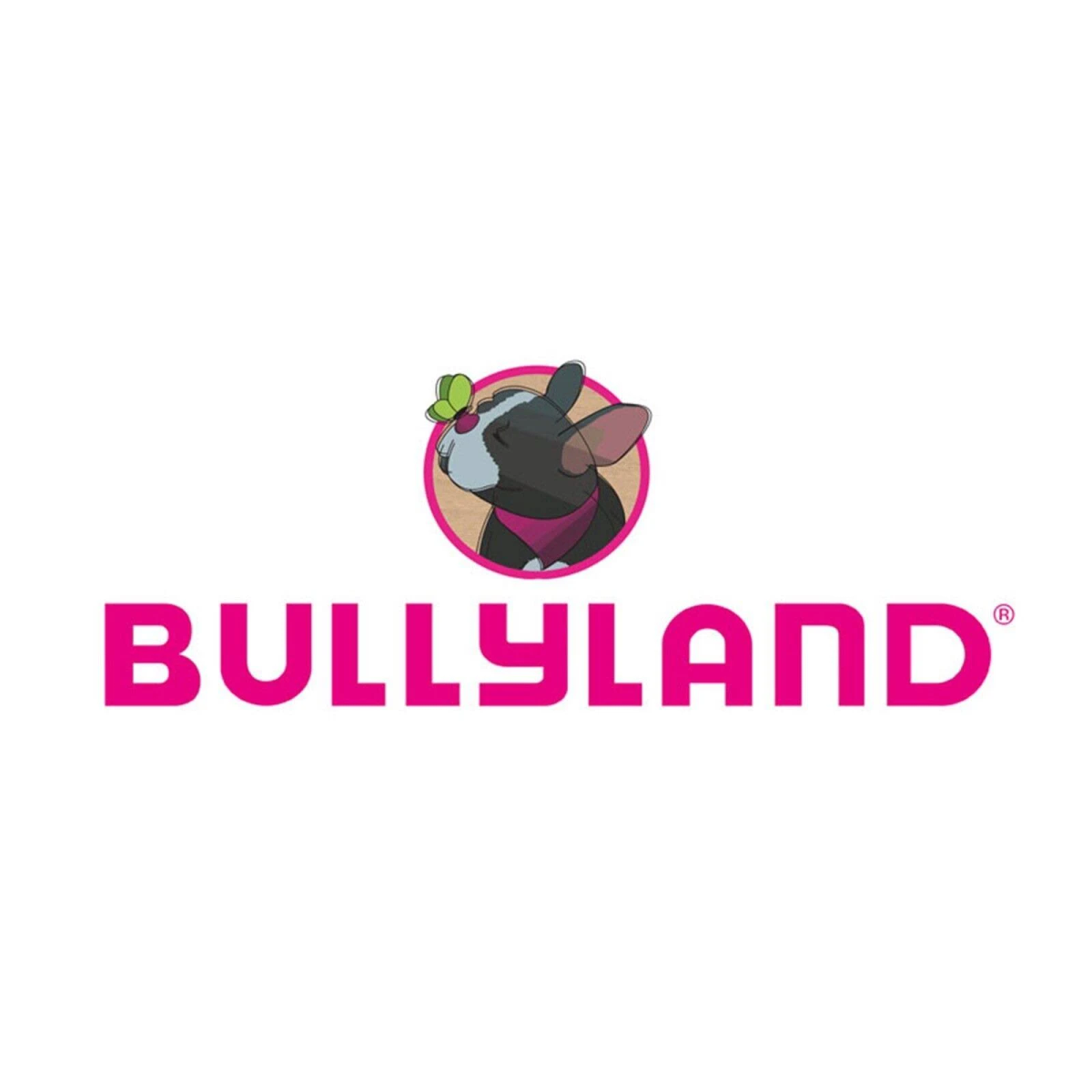 Logo Bullyland con un cane e una farfalla in cerchio rosa sopra la scritta rosa.