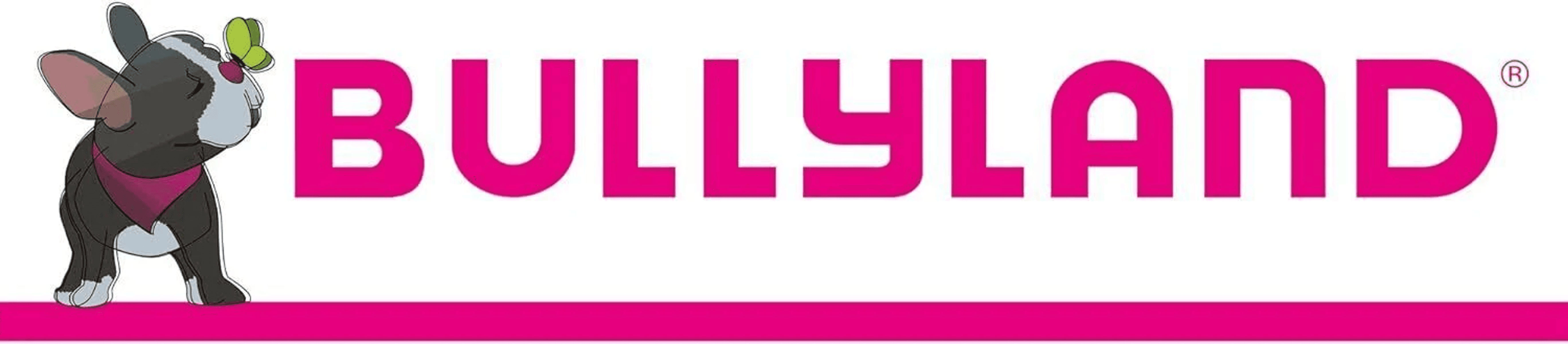 Logo Bullyland con un piccolo cane bianco e nero e una farfalla sul naso.