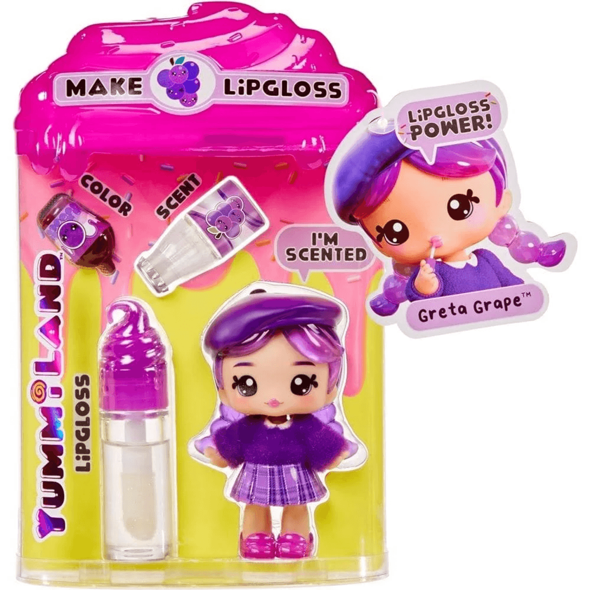 Verpackung von Yummland Lipgloss mit einer lila Puppe namens Greta Grape und Zubehör.