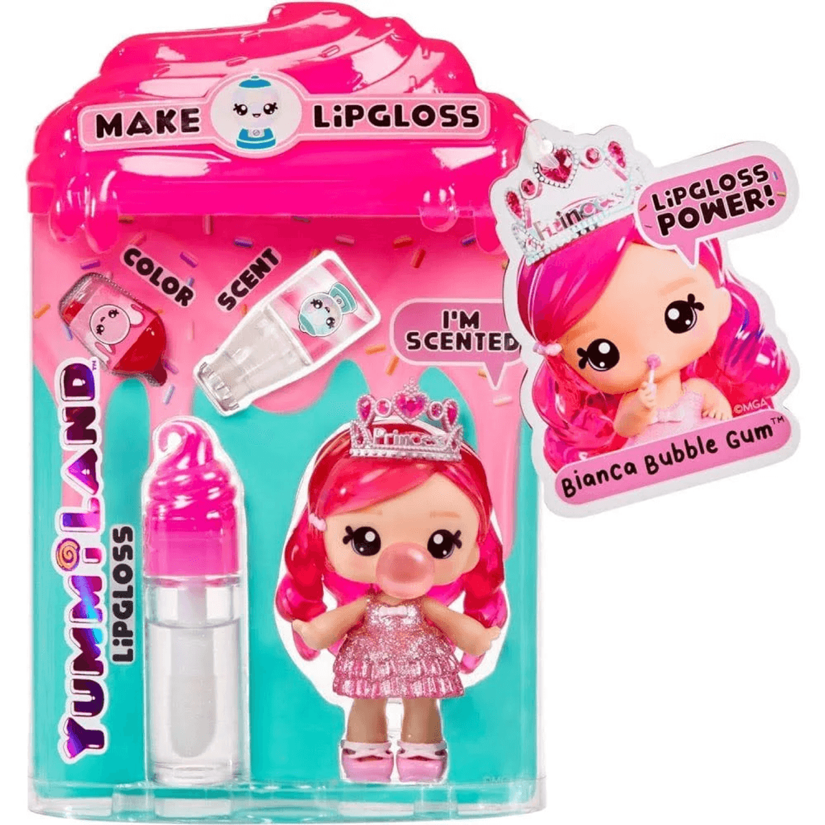 Verpackung von Yummland Lipgloss mit einer pinkhaarigen Puppe mit Krone und Lipgloss-Flaschen.