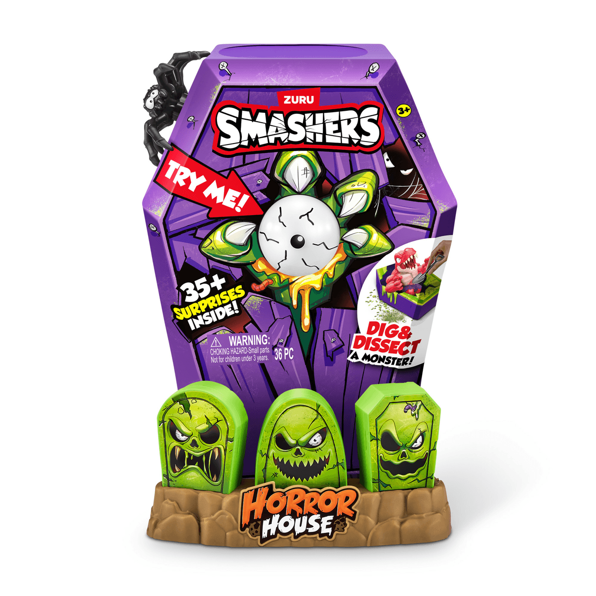 Eine lila-grüne Zuru Smashers Horror House Spielzeugbox mit drei gruseligen Monsterkopf-Minisärgen unten.